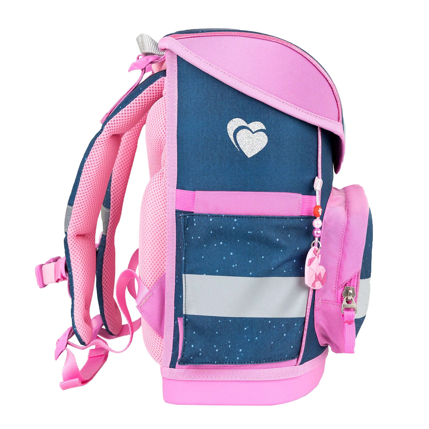 Belmil Compact Ergonomic School Bag Set “Cute Doe” Design + Unicorn Raincoat – 5-Piece Set for Girls, highlighting the interchangeable badges like a heart and a crown.