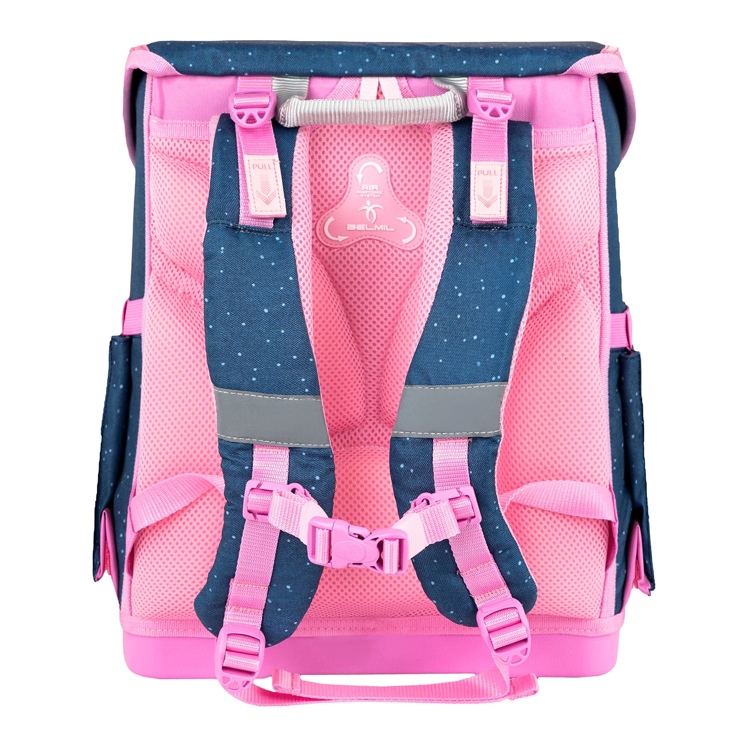 Reflective elements on the Belmil Compact Ergonomic School Bag Set “Cute Doe” Design + Unicorn Raincoat – 5-Piece Set for Girls for enhanced visibility in low light.