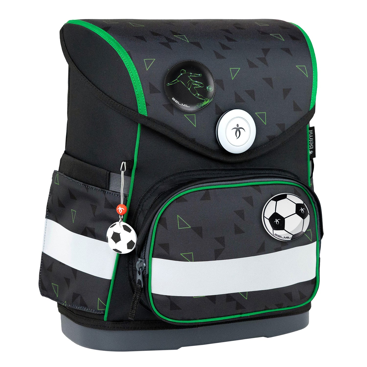 Reflective elements on the Belmil Compact Ergonomic School Bag Set “Striker X” Design + Dinosaur Raincoat – 5-Piece Set for Boys for increased visibility.