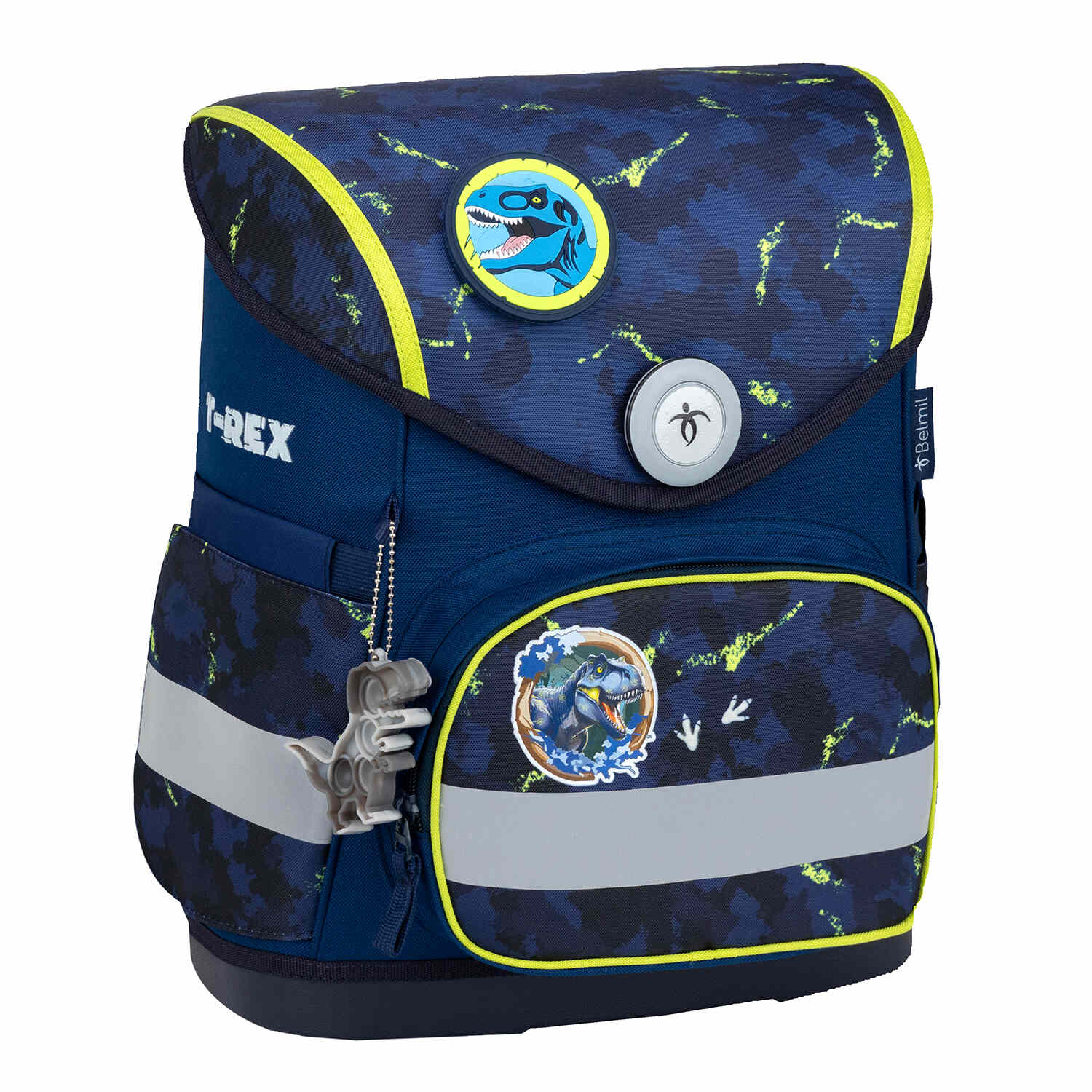 Belmil Compact T-rex School Bag Set – 5-Piece Ergonomic Backpack with AGR Certificate, Fidlock Buckle & 4 Decorative Patches demonstrating reflective elements for safe visibility in low light.