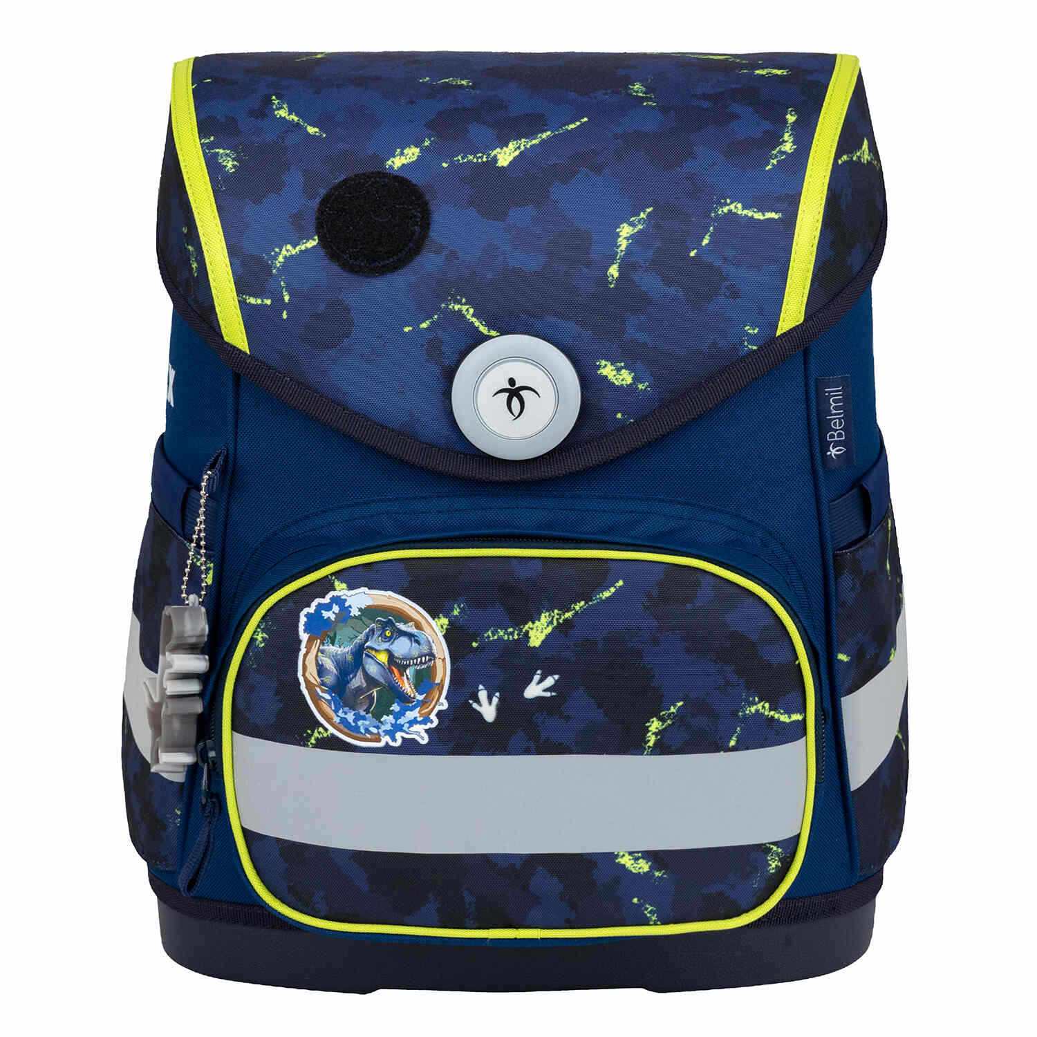 Belmil Compact T-rex School Bag Set – 5-Piece Ergonomic Backpack with AGR Certificate, Fidlock Buckle & 4 Decorative Patches showing the complete set including gym bag, pencil pouch, and decorative patches.