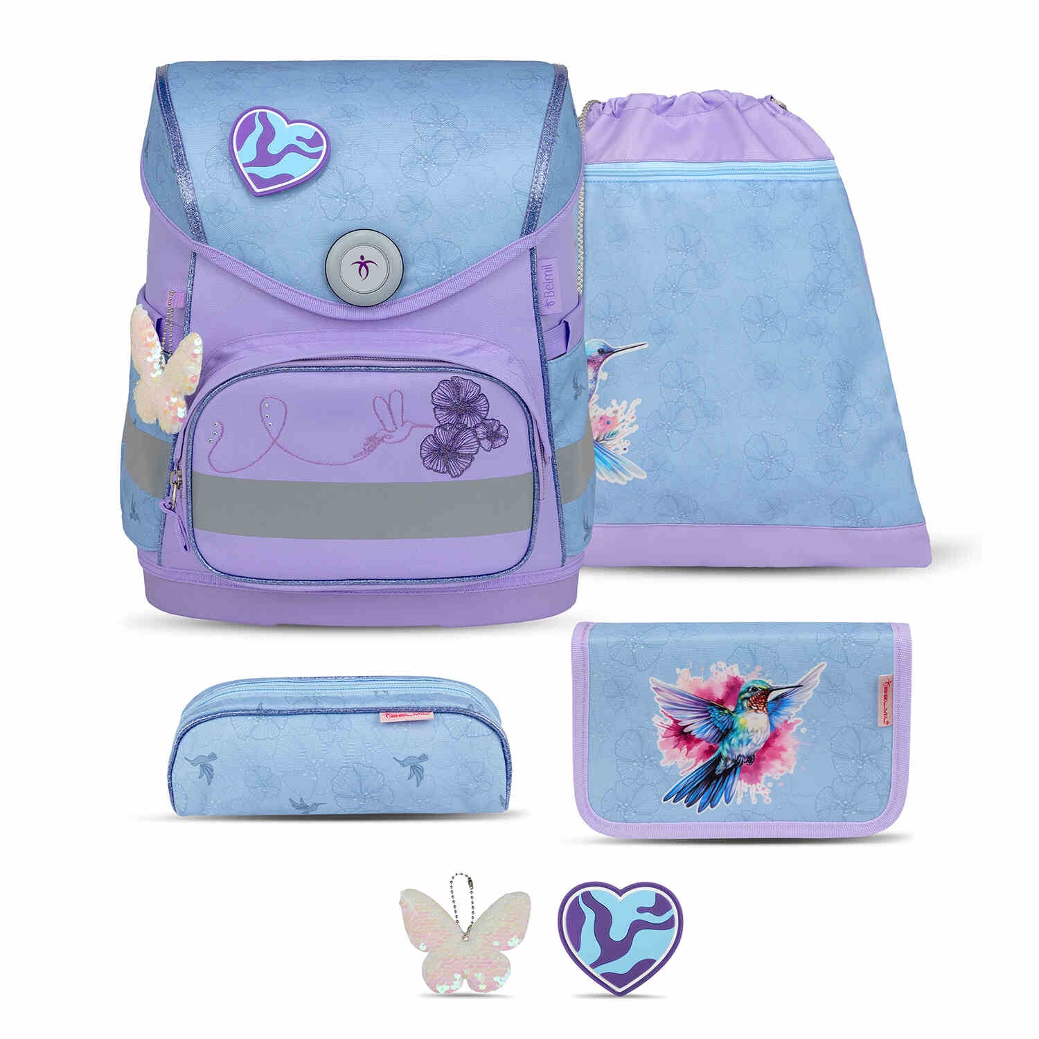 Ergonomic School Bag Set for Girls – Belmil Compact Tropical Hummingbird schoolbag set showcasing the vibrant tropical hummingbird design.