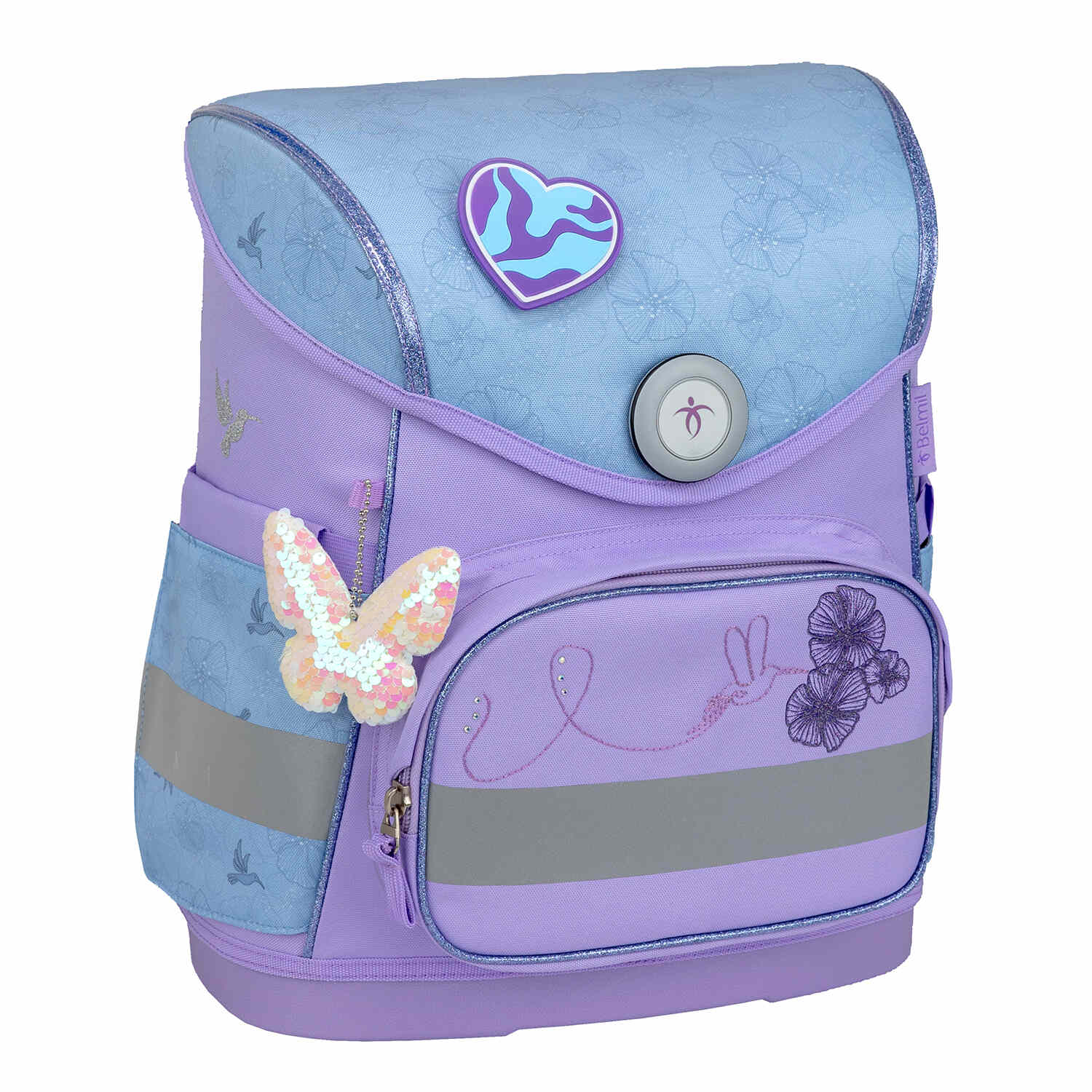 Ergonomic School Bag Set for Girls – Belmil Compact Tropical Hummingbird with the removable decorative patch for customization.