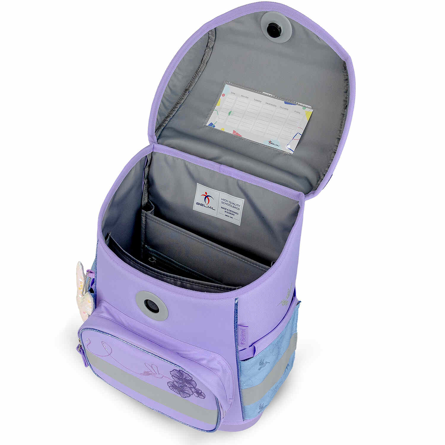 Reflective elements on the Ergonomic School Bag Set for Girls – Belmil Compact Tropical Hummingbird for improved visibility.