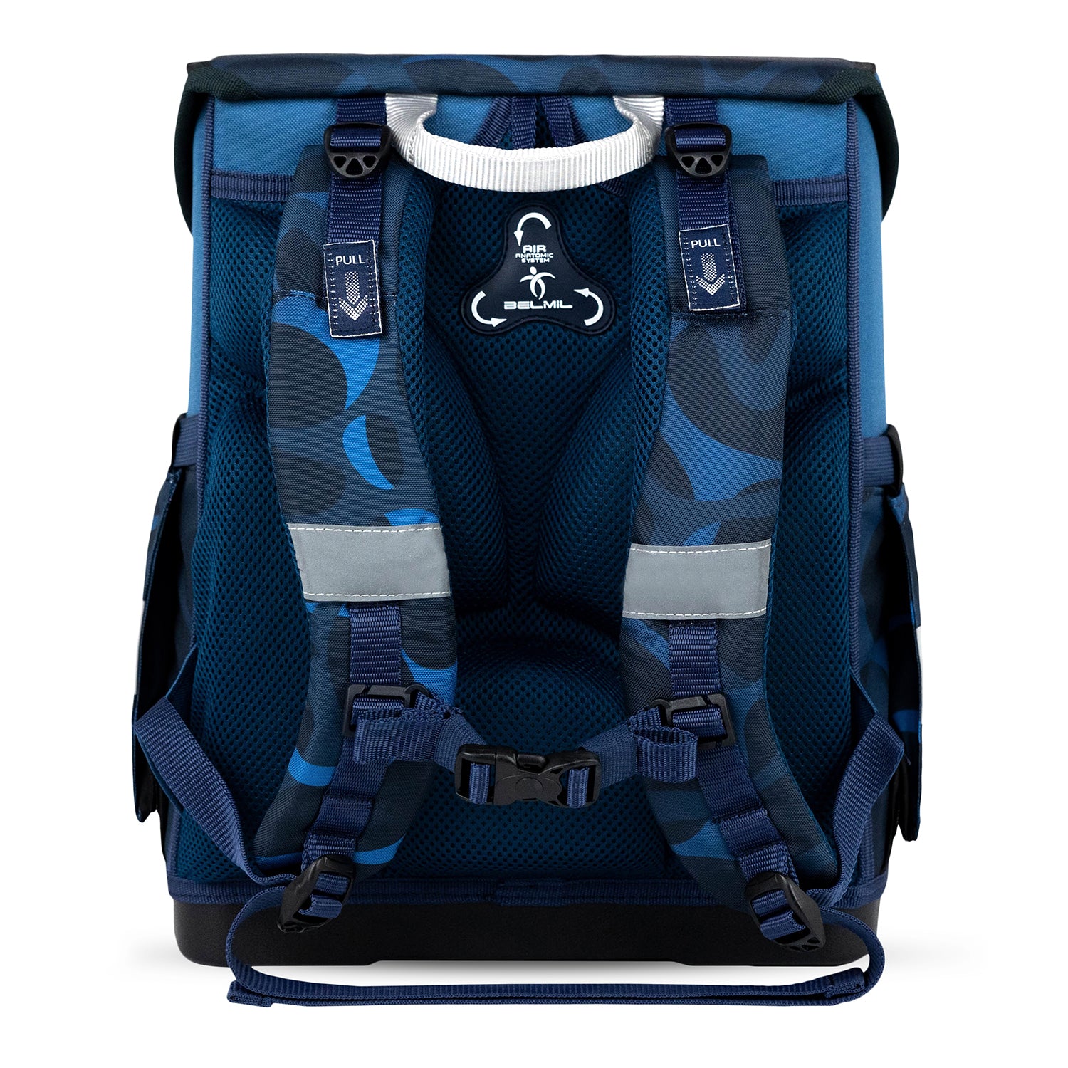 Reflective elements on the Belmil Compact Ergonomic School Bag Set ‘Wave Storm’, enhancing visibility for safety in low light.