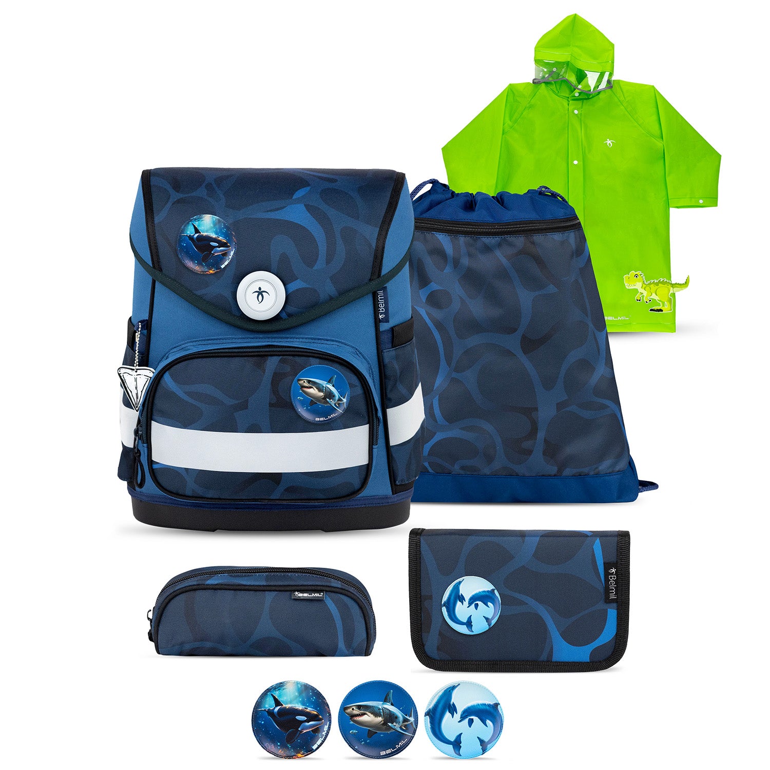 Belmil Compact Ergonomic School Bag Set 'Wave Storm' Design featuring a unique oceanic theme and stylish patches, ideal for boys.