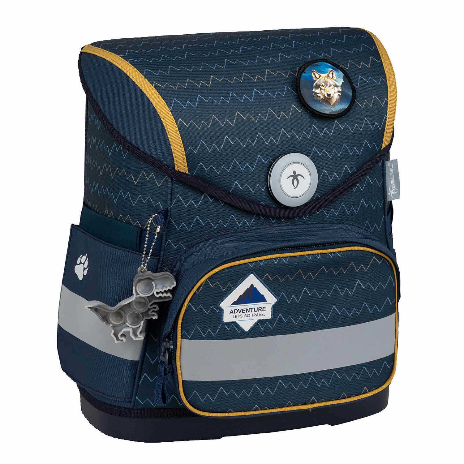 The interior layout of Belmil Compact Wolves School Bag Set – 5-Piece Ergonomic Backpack with AGR Certificate, Fidlock Buckle & 4 Decorative Patches, featuring main compartments and pockets.