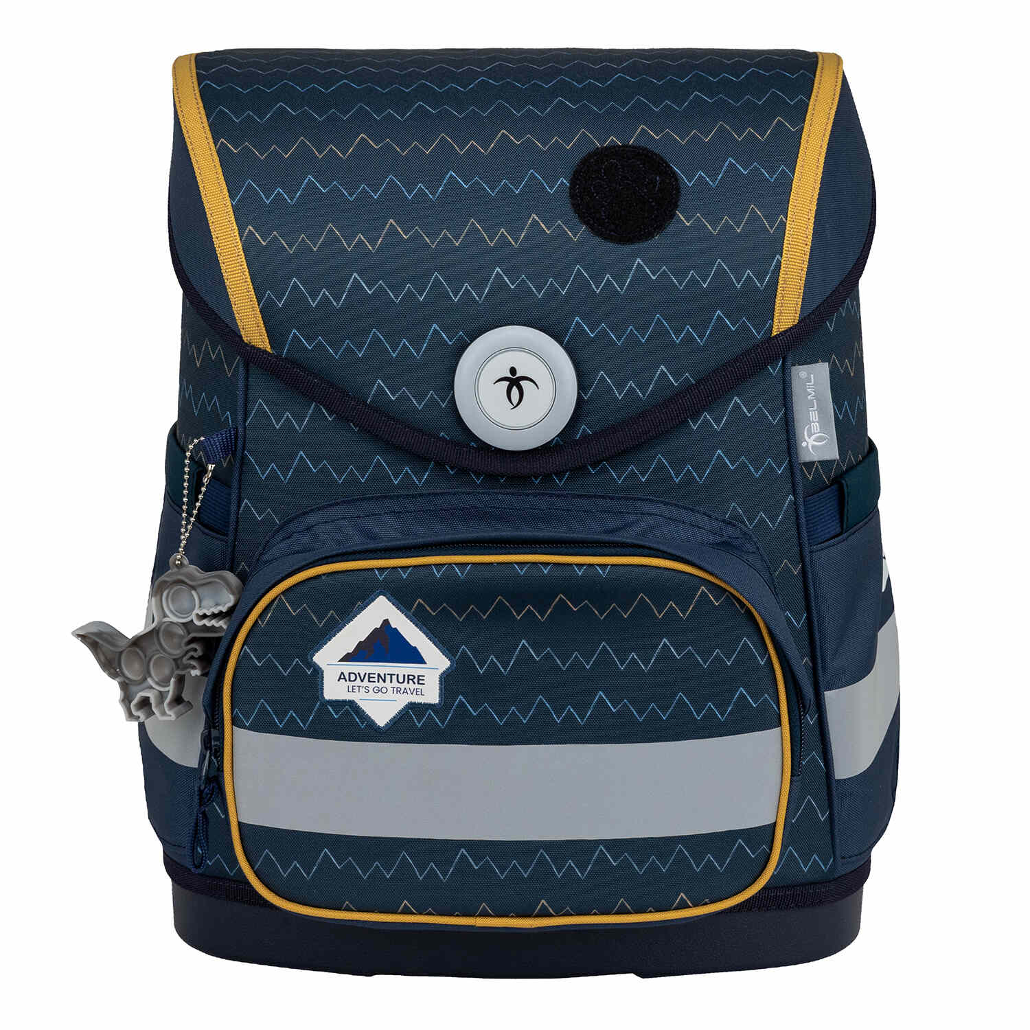 The stylish design of the Belmil Compact Wolves School Bag Set – 5-Piece Ergonomic Backpack with AGR Certificate, Fidlock Buckle & 4 Decorative Patches with a wolf theme.