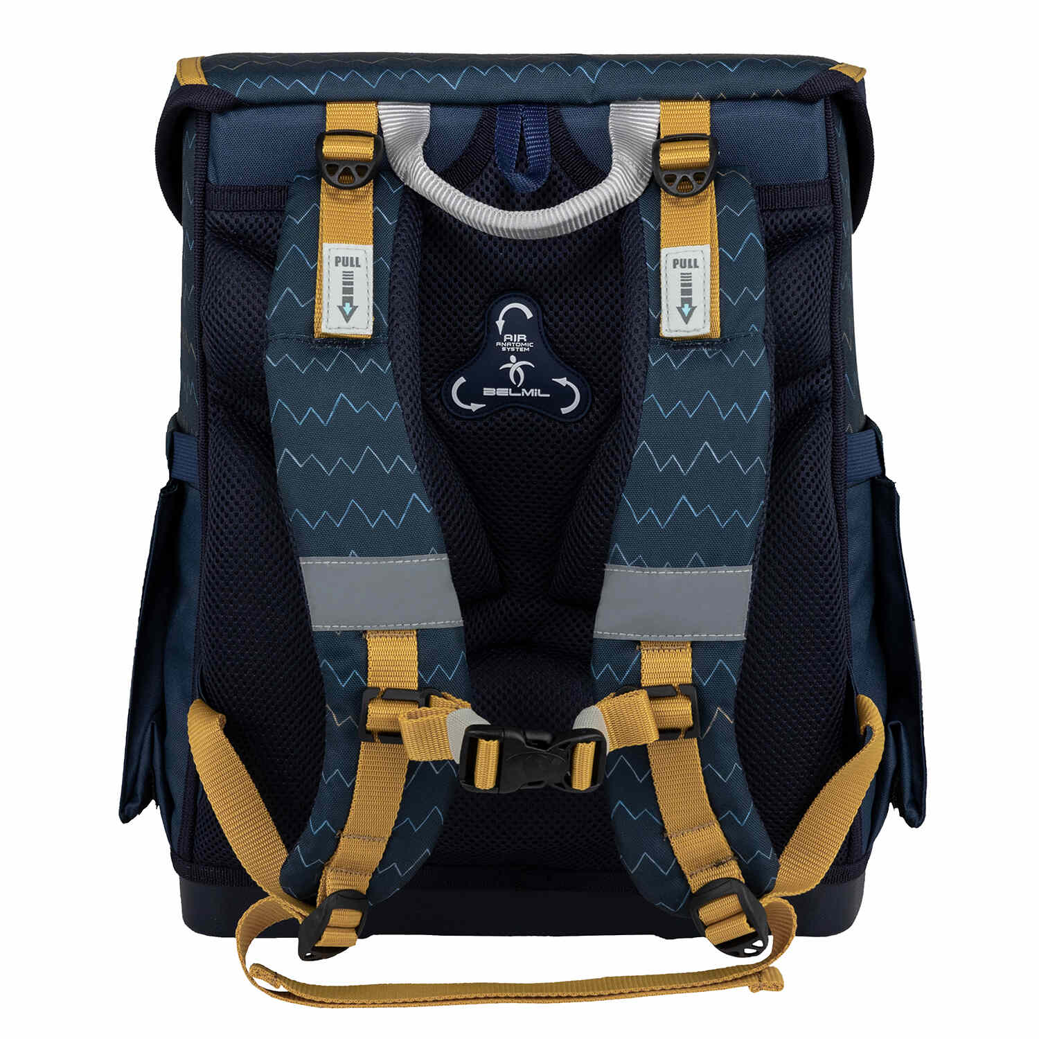 Demonstration of the Belmil Compact Wolves School Bag Set – 5-Piece Ergonomic Backpack with AGR Certificate, Fidlock Buckle & 4 Decorative Patches filled with school essentials.