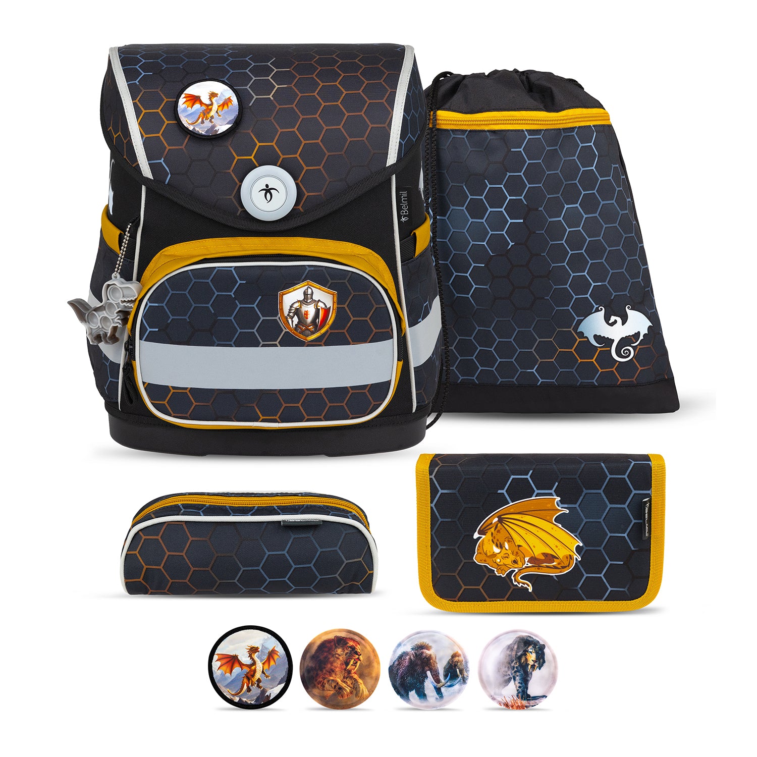 Belmil Compact Dragon School Bag Set – 5-Piece Ergonomic Backpack with AGR Certificate, Fidlock Buckle & 4 Decorative Patches showcasing a vibrant fiery dragon design.
