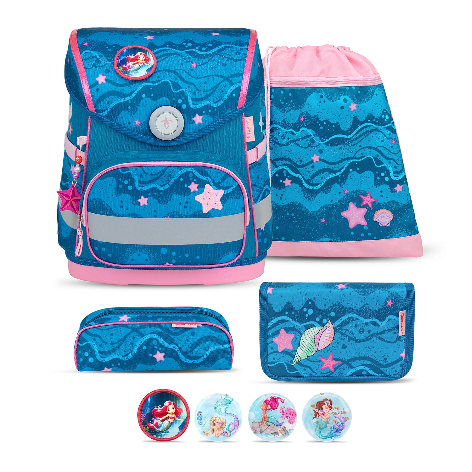 Belmil Compact Mermaid School Bag Set – 5-Piece Ergonomic Backpack with AGR Certificate, Fidlock Buckle & 4 Decorative Patches displayed with decorative patches.