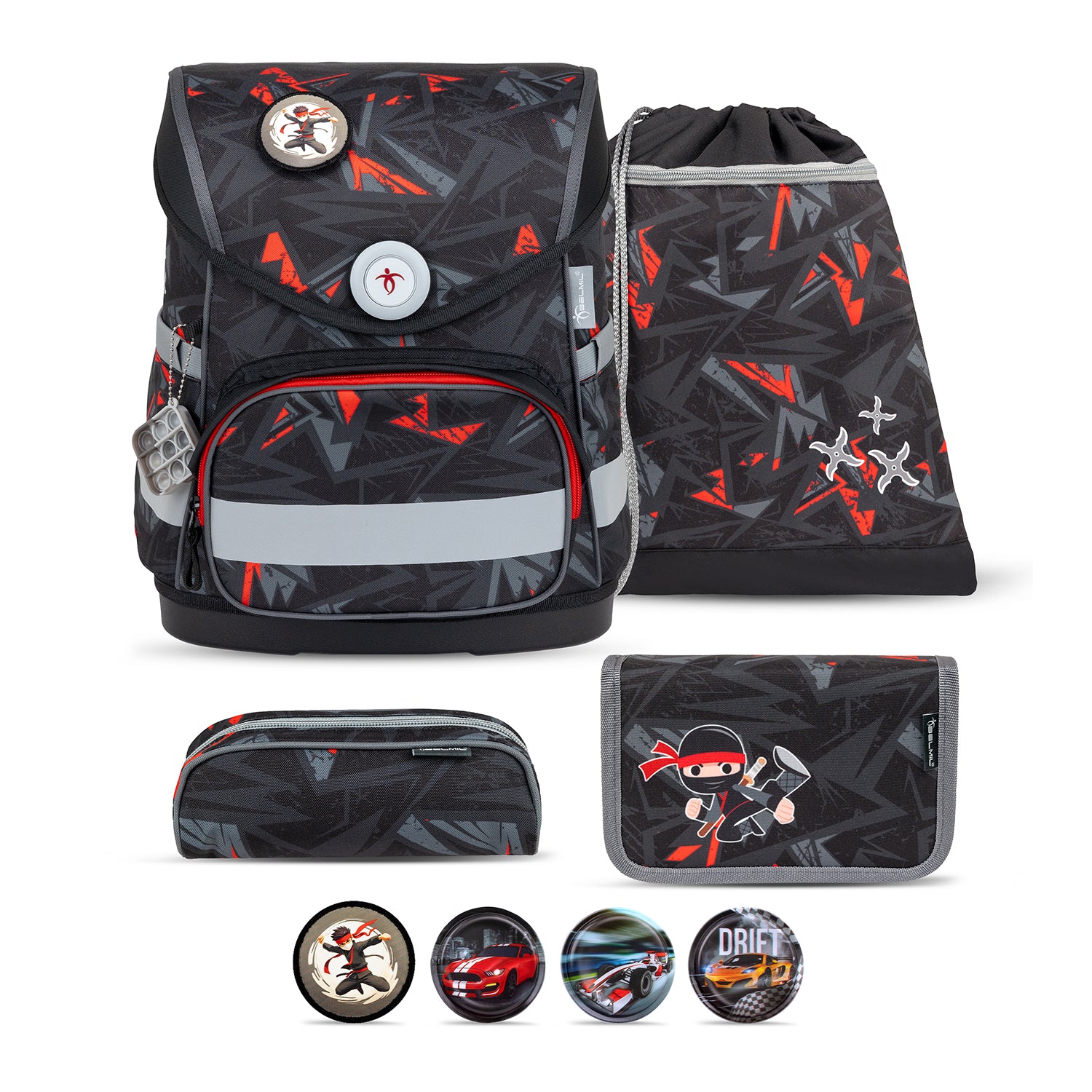 Belmil Compact Ninja School Bag Set – 5-Piece Ergonomic Backpack with AGR Certificate, Fidlock Buckle & 4 Decorative Patches showcasing the stylish ninja design with geometric patterns in red and grey.