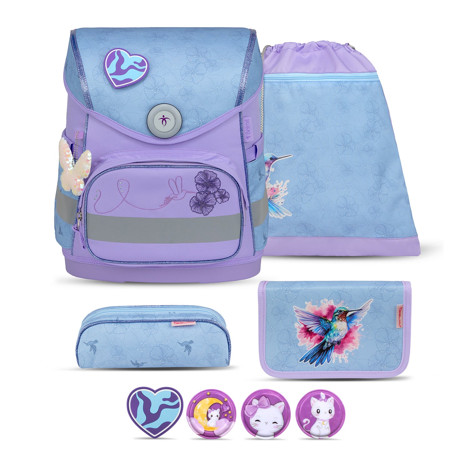 Belmil Compact Tropical Hummingbird School Bag Set – 5-Piece Ergonomic Backpack with AGR Certificate, Fidlock Buckle & 4 Decorative Patches