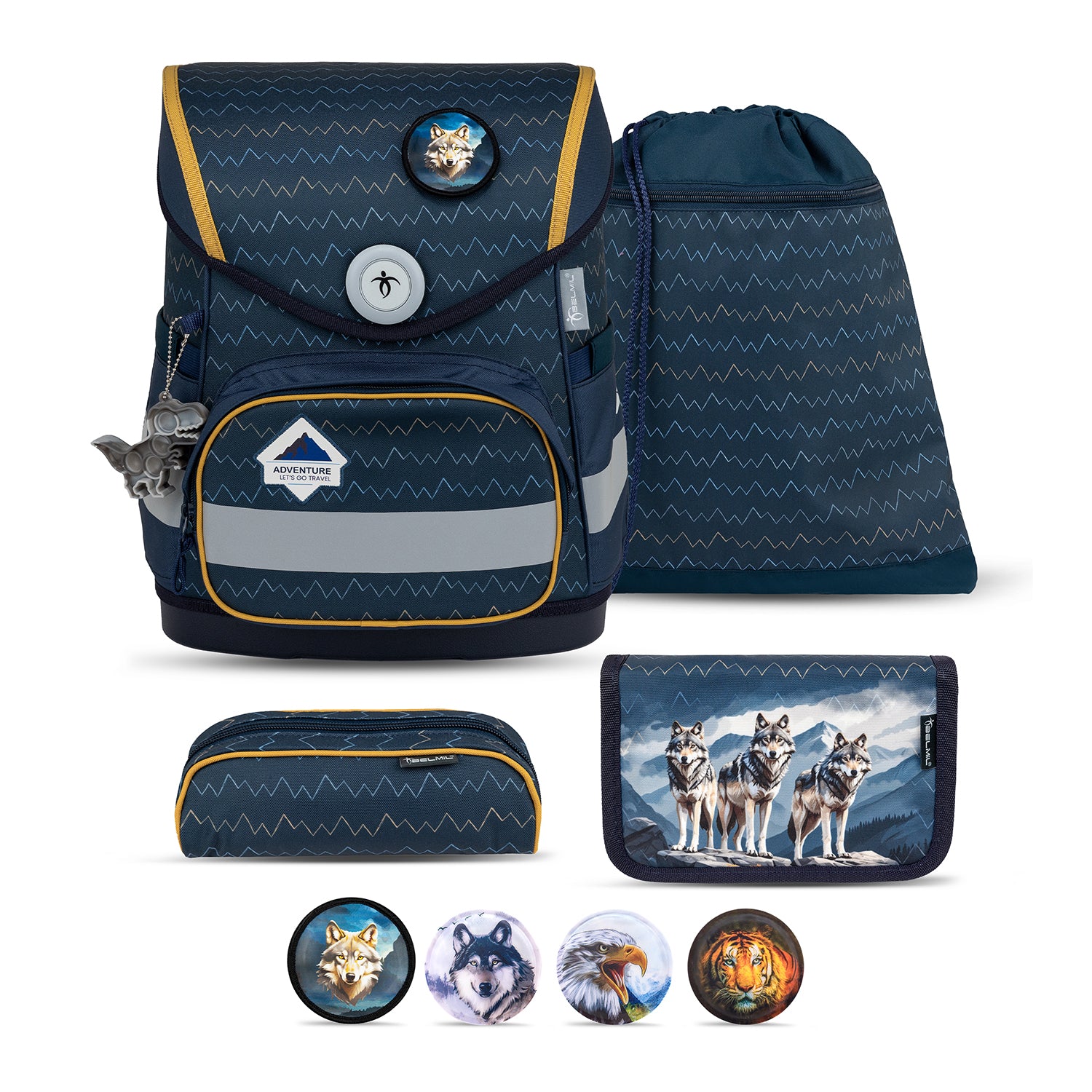 Belmil Compact Wolves School Bag Set – 5-Piece Ergonomic Backpack with AGR Certificate, Fidlock Buckle & 4 Decorative Patches displayed with decorative patches and accessories.