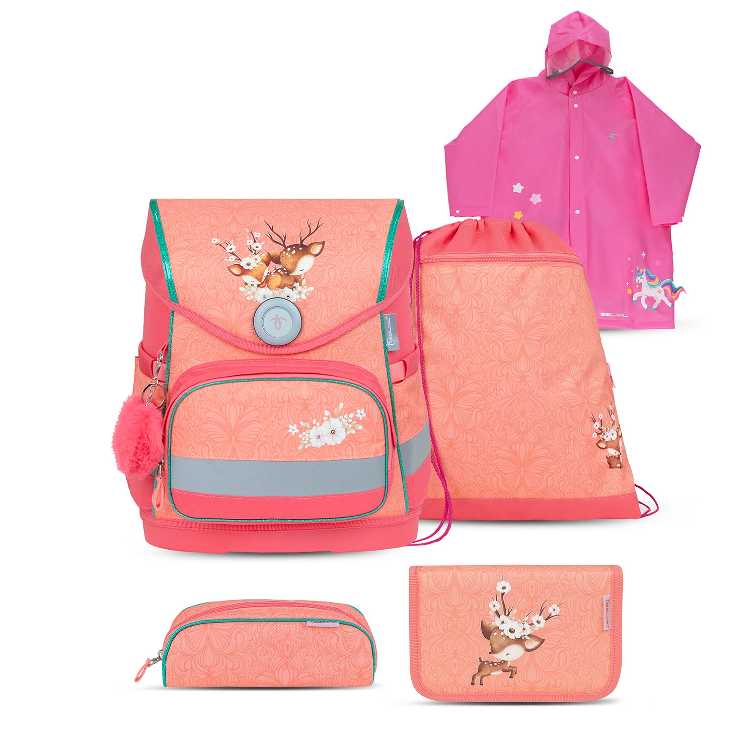 Belmil Compact Ergonomic School Bag Set 'Cute Doe' Design + Unicorn Raincoat – 5-Piece Set for Girls showcasing the adorable deer and floral design.