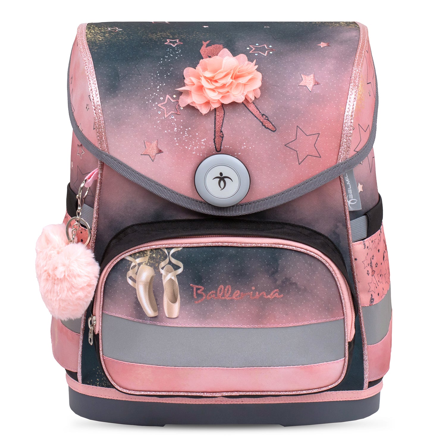 The stylish Belmil Compact Ergonomic School Bag Set “Ballerina Black Pink” Design with matching Unicorn Raincoat – perfect 5-Piece Set for Girls.