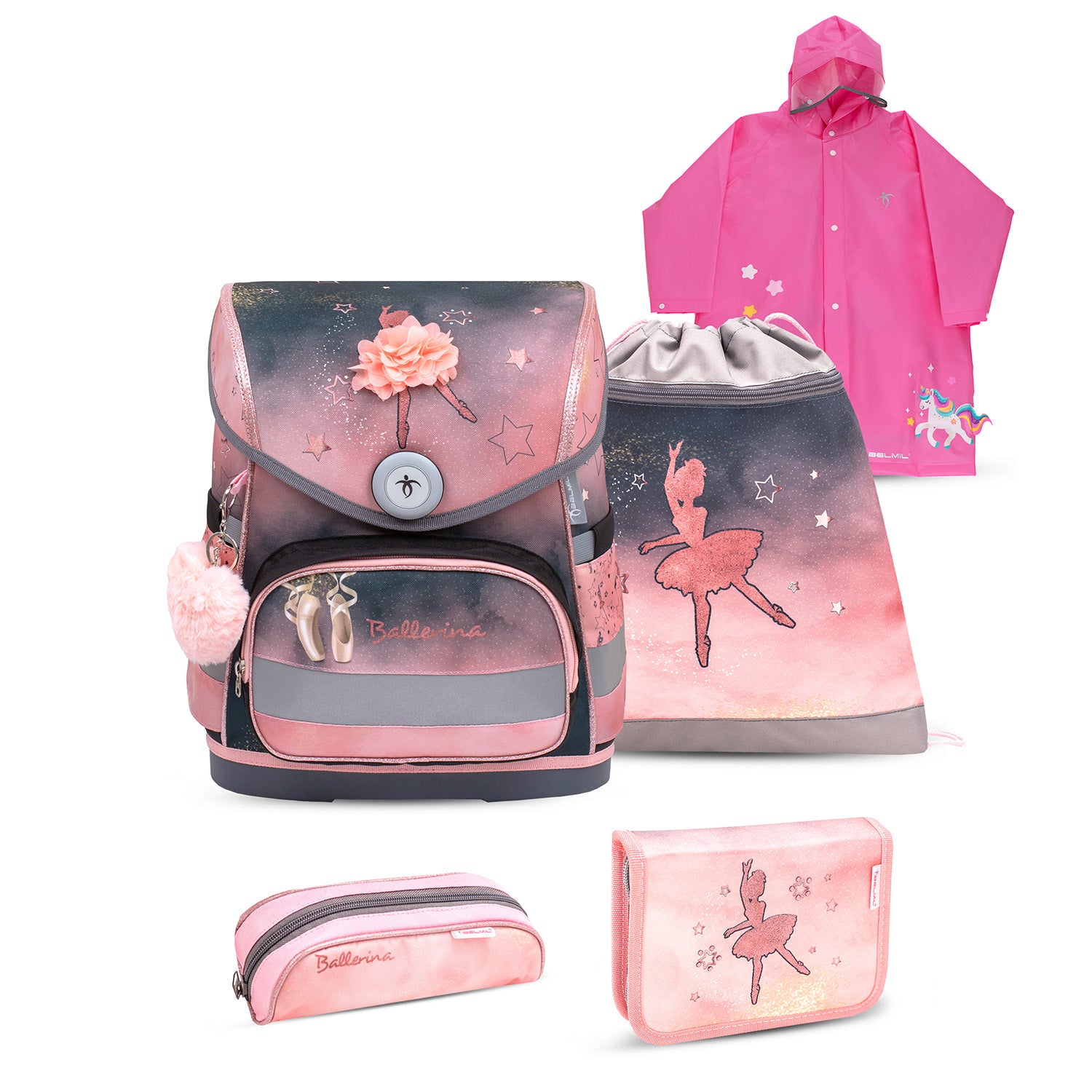 Belmil Compact Ergonomic School Bag Set “Ballerina Black Pink” Design + Unicorn Raincoat – 5-Piece Set for Girls showcasing the ergonomic backpack's lightweight design.