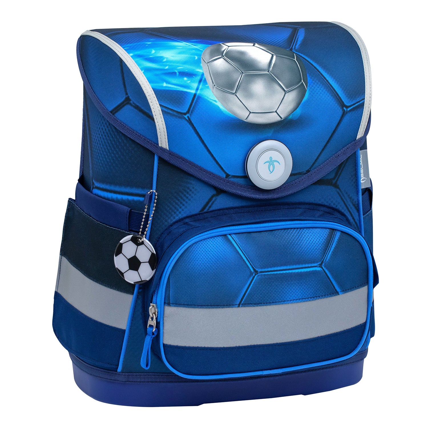 Complete set of Belmil Compact Ergonomic School Bag Set “Football 4” Design + Dinosaur Raincoat – 5-Piece Set for Boys including gym bag and pencil cases.