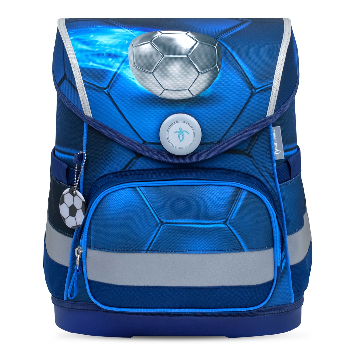 Close-up view of the Belmil Compact Ergonomic School Bag Set “Football 4” Design + Dinosaur Raincoat – 5-Piece Set for Boys with adjustable shoulder straps.