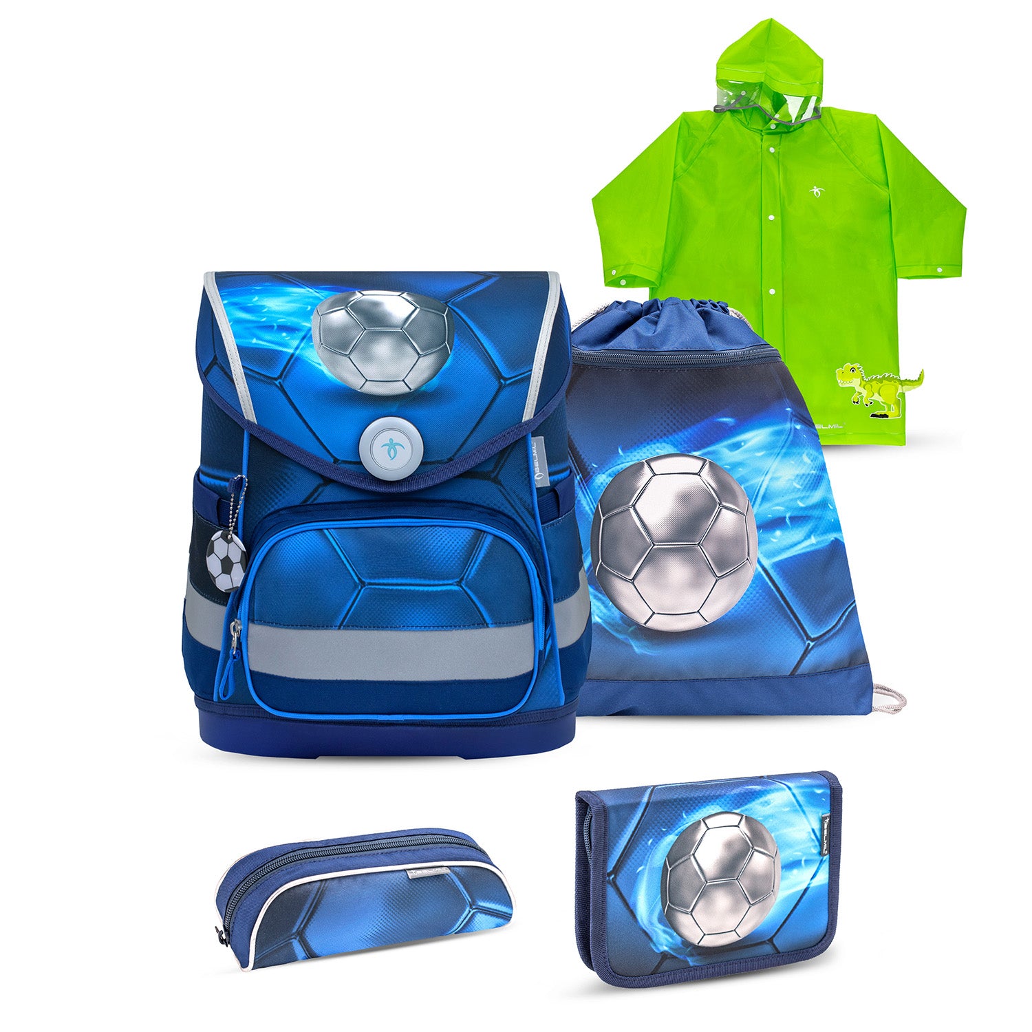 Belmil Compact Ergonomic School Bag Set “Football 4” Design + Dinosaur Raincoat – 5-Piece Set for Boys showcasing the lightweight design and ergonomic back panel.
