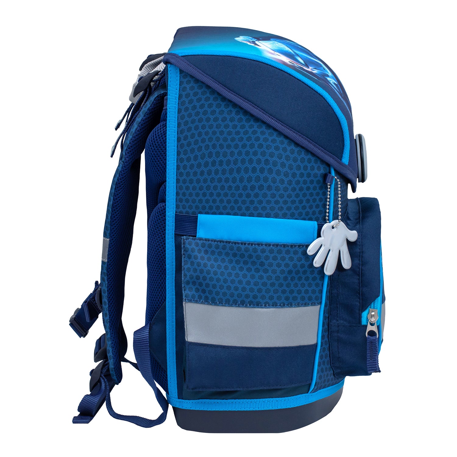 Reflective details on the Belmil Compact Ergonomic School Bag Set “Racing Blue Neon” Design + Dinosaur Raincoat – 5-Piece Set for Boys enhancing visibility and safety.