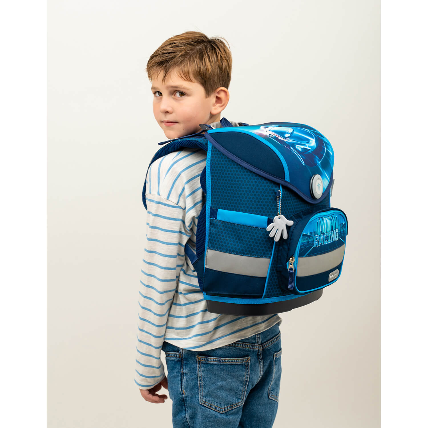 Full view of the Ergonomic School Bag Set for Boys – Belmil Compact Football 4 schoolbag set 4 pcs including gym bag and pencil case.