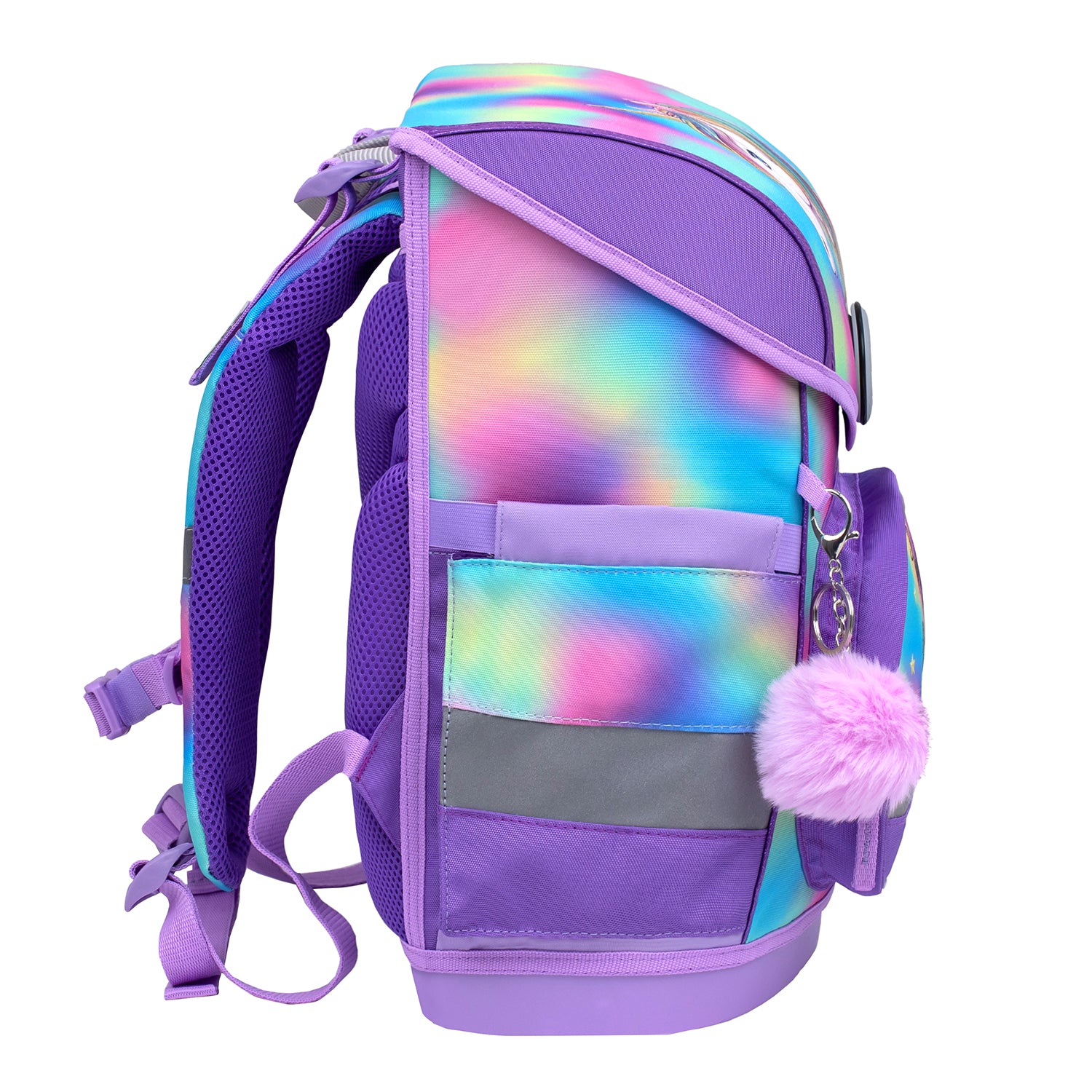 Fidlock magnetic buckle of the Belmil Compact Ergonomic School Bag Set “Rainbow Color” Design + Unicorn Raincoat – 5-Piece Set for Girls for easy opening, tailored for little hands.