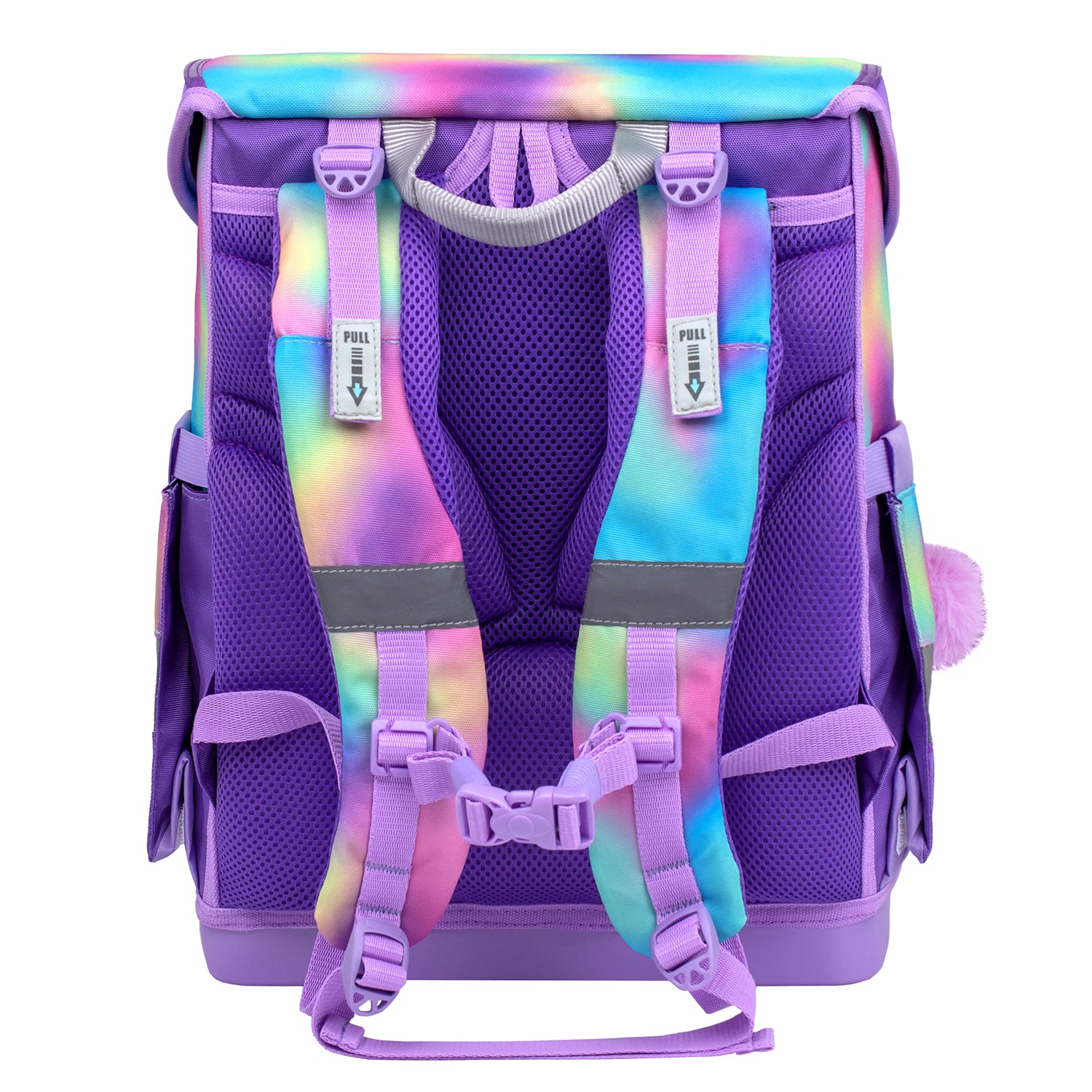 Reflective elements on the Belmil Compact Ergonomic School Bag Set “Rainbow Color” Design + Unicorn Raincoat – 5-Piece Set for Girls enhancing visibility and safety.