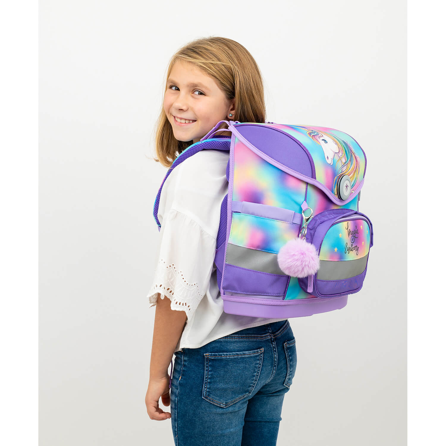 Belmil Compact Ergonomic School Bag Set “Rainbow Color” Design + Unicorn Raincoat – 5-Piece Set for Girls