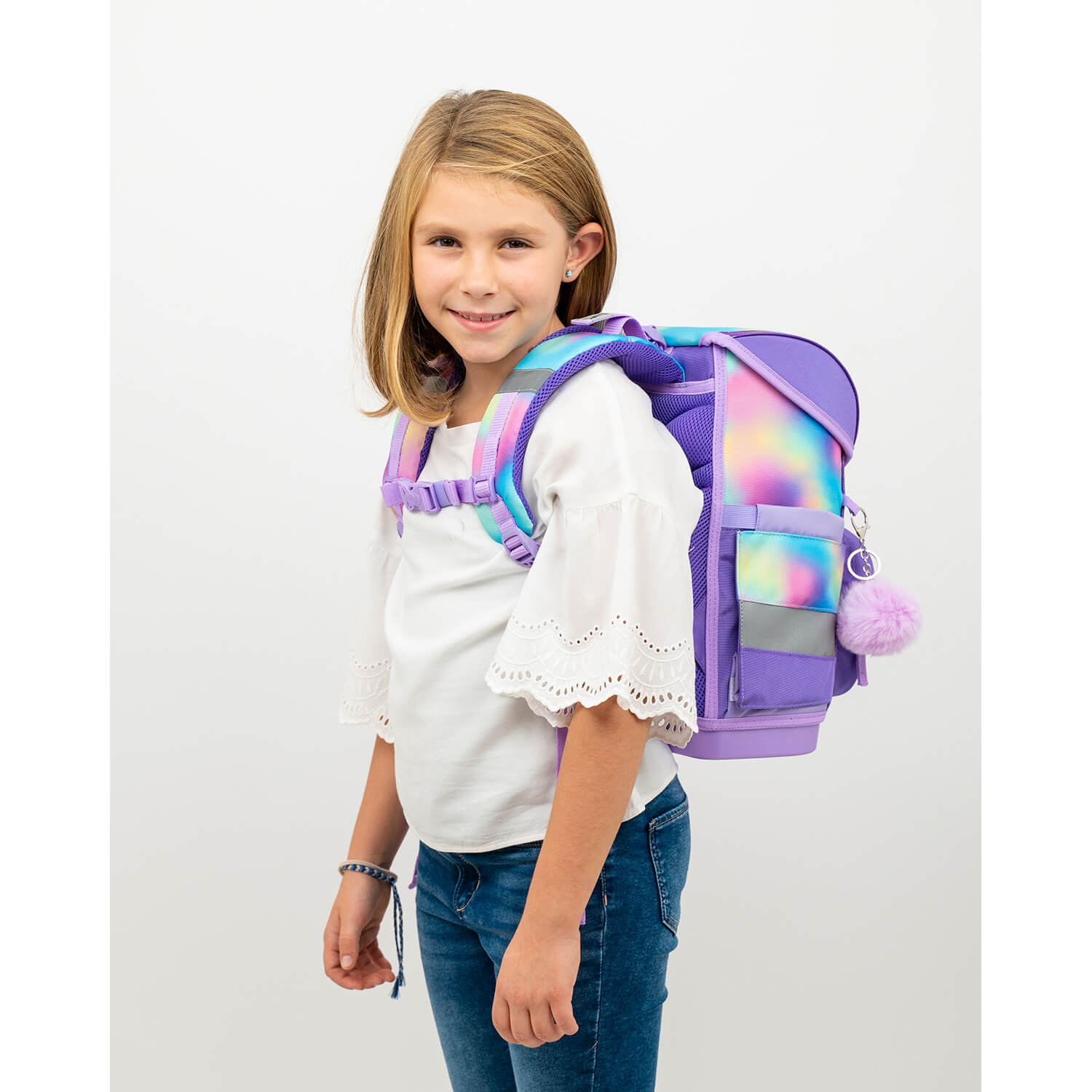 Close-up view of the ergonomic design of the Ergonomic School Bag Set for Girls – Belmil Compact Rainbow Color schoolbag set 4 pcs.