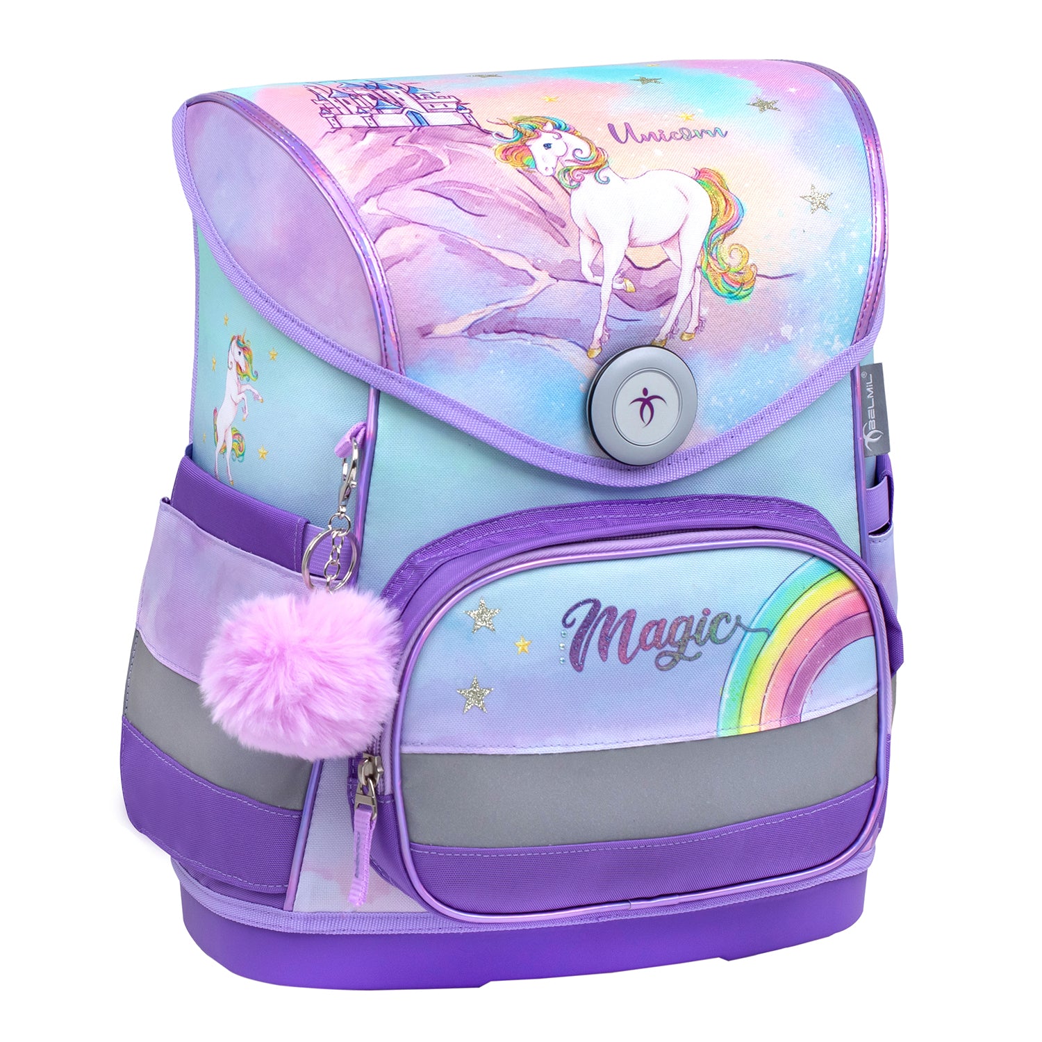 Belmil Compact Ergonomic School Bag Set “Rainbow Unicorn Magic” Design featuring the included unicorn raincoat ready for rainy days.