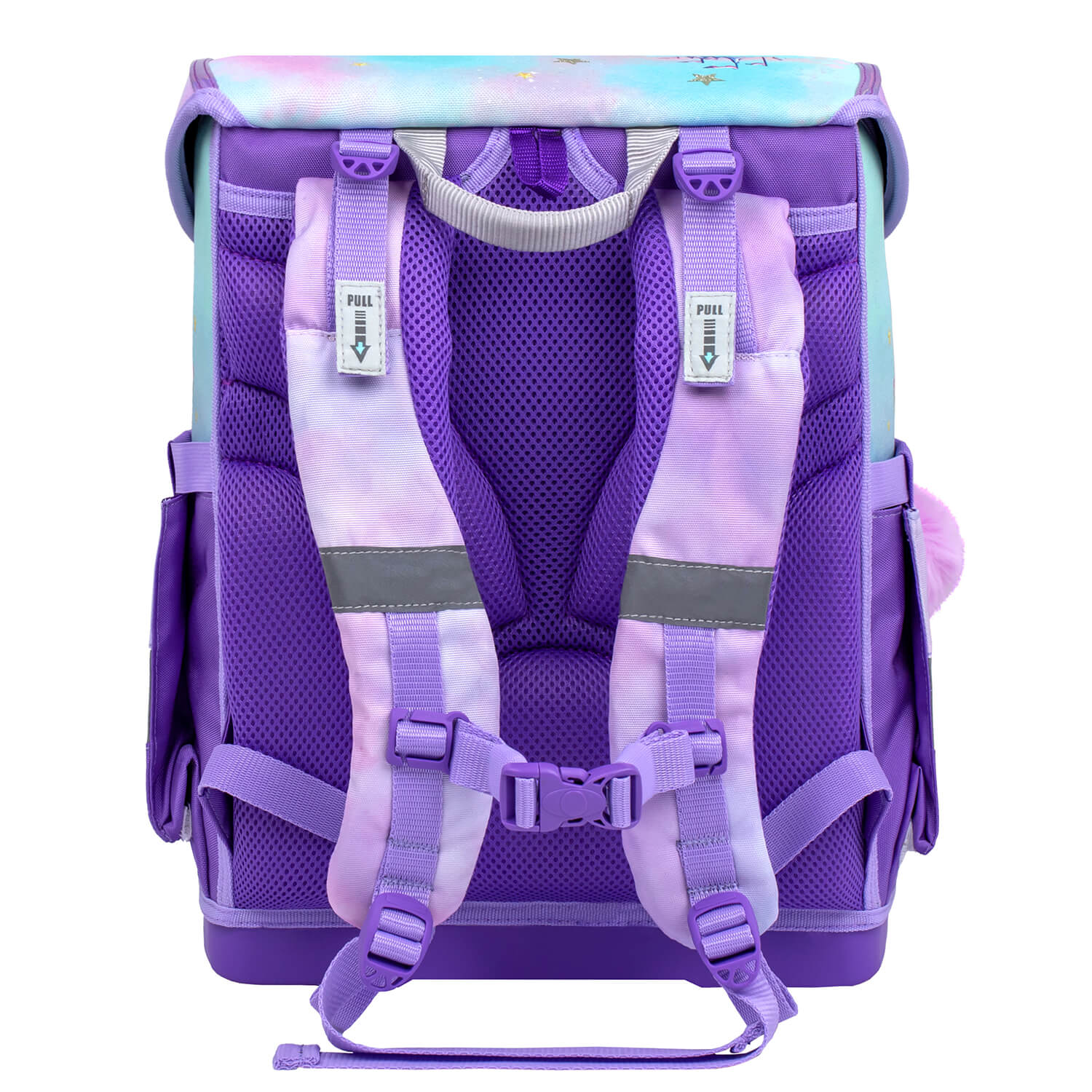 The Fidlock magnetic closure system of the Ergonomic School Bag Set for Girls – Belmil Compact Rainbow Unicorn Magic schoolbag set 4 pcs, ensuring convenience and safety.