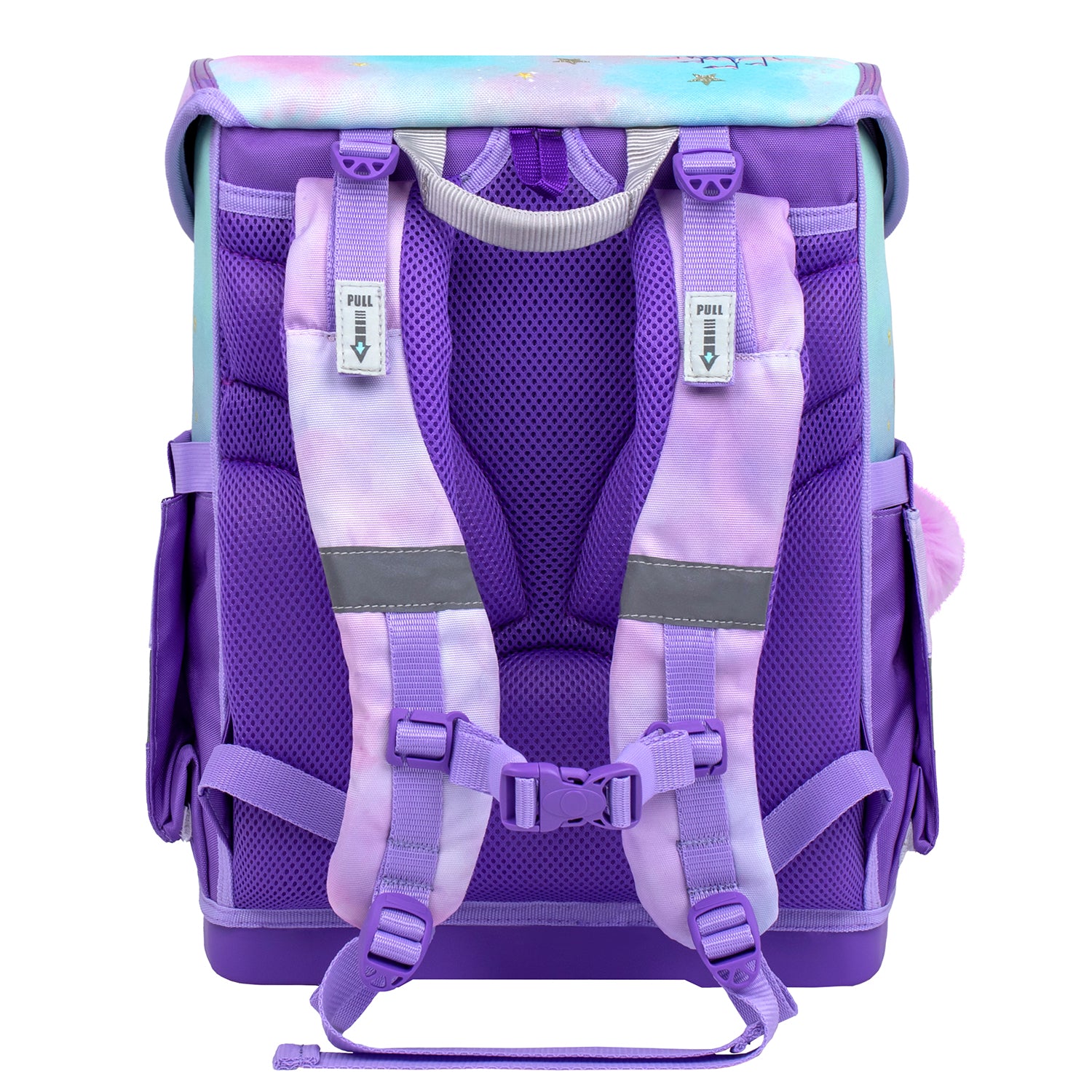 Belmil Compact Ergonomic School Bag Set “Rainbow Unicorn Magic” Design showing the lightweight materials and breathable padding.