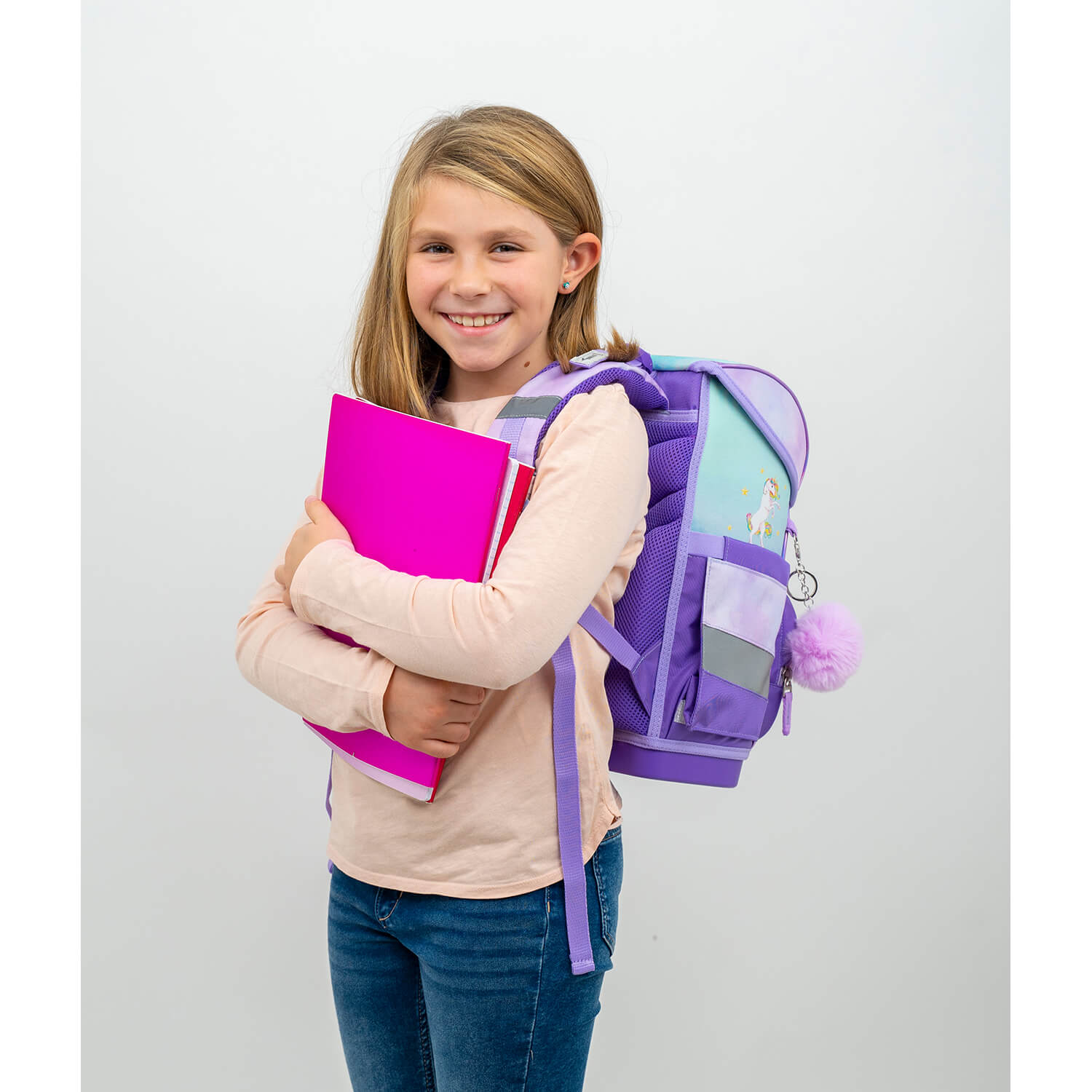 Belmil Compact Ergonomic School Bag Set “Rainbow Unicorn Magic” Design + Unicorn Raincoat – 5-Piece Set for Girls
