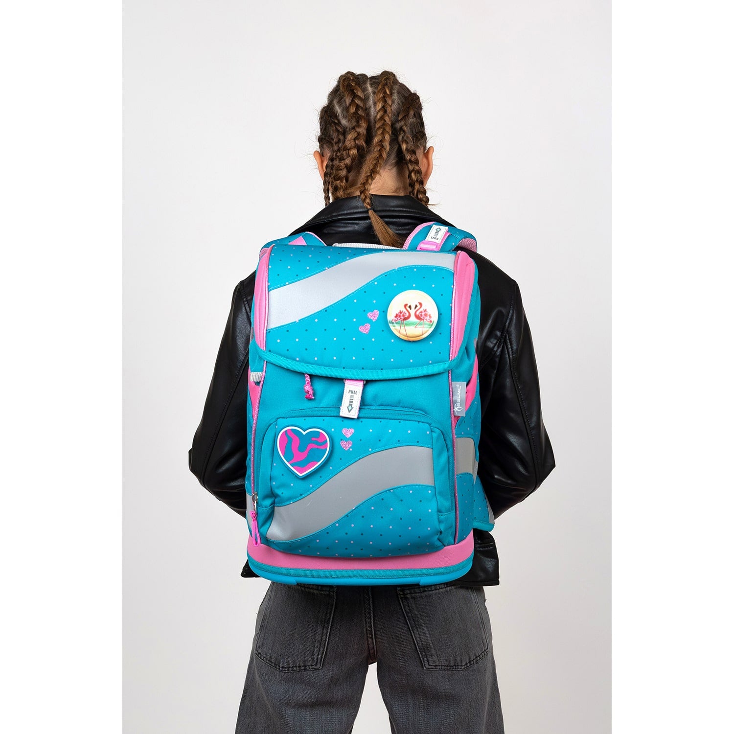 Belmil Smarty Hearts and Dots Ergonomic School Bag Set – 5-Piece Set with 9 Interchangeable Patches and Hip Belt with detachable hip belt for weight distribution.
