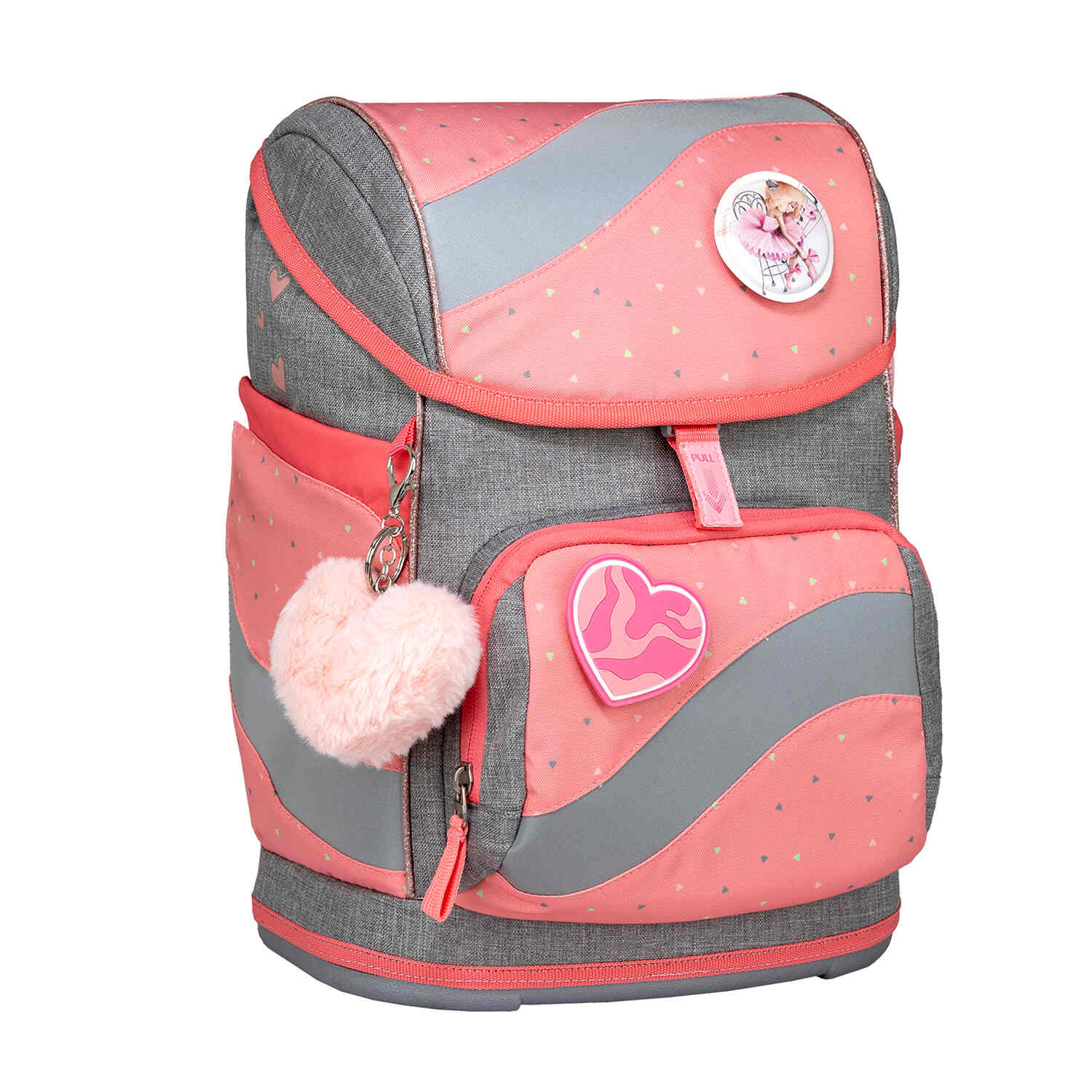 Showcasing the Belmil Smarty Minimal Triangels Ergonomic School Bag Set – 5-Piece Set with 9 Interchangeable Patches and Hip Belt, highlighting its functionality and stylish design.