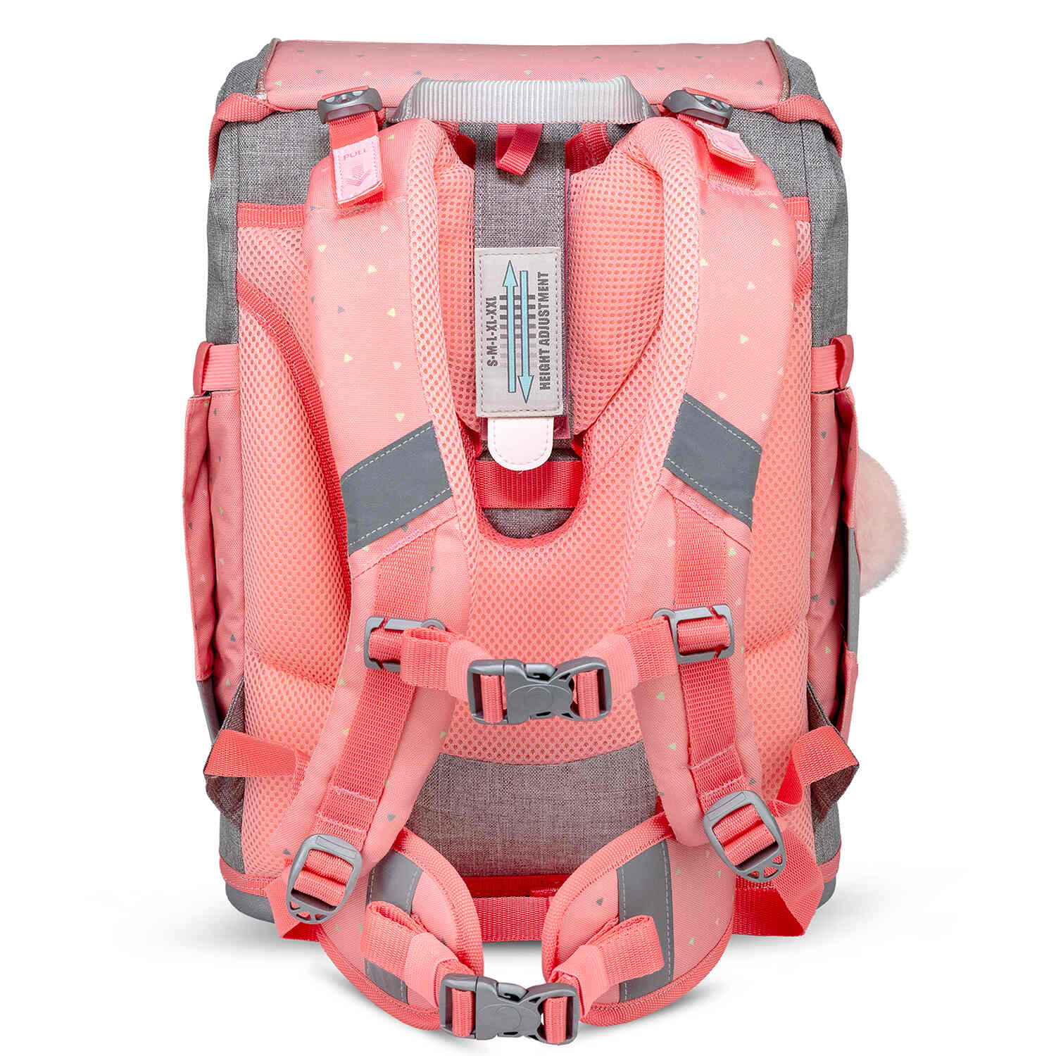 The inner compartment of the Belmil Smarty Minimal Triangels Ergonomic School Bag Set – 5-Piece Set with 9 Interchangeable Patches and Hip Belt, highlighting organization features.