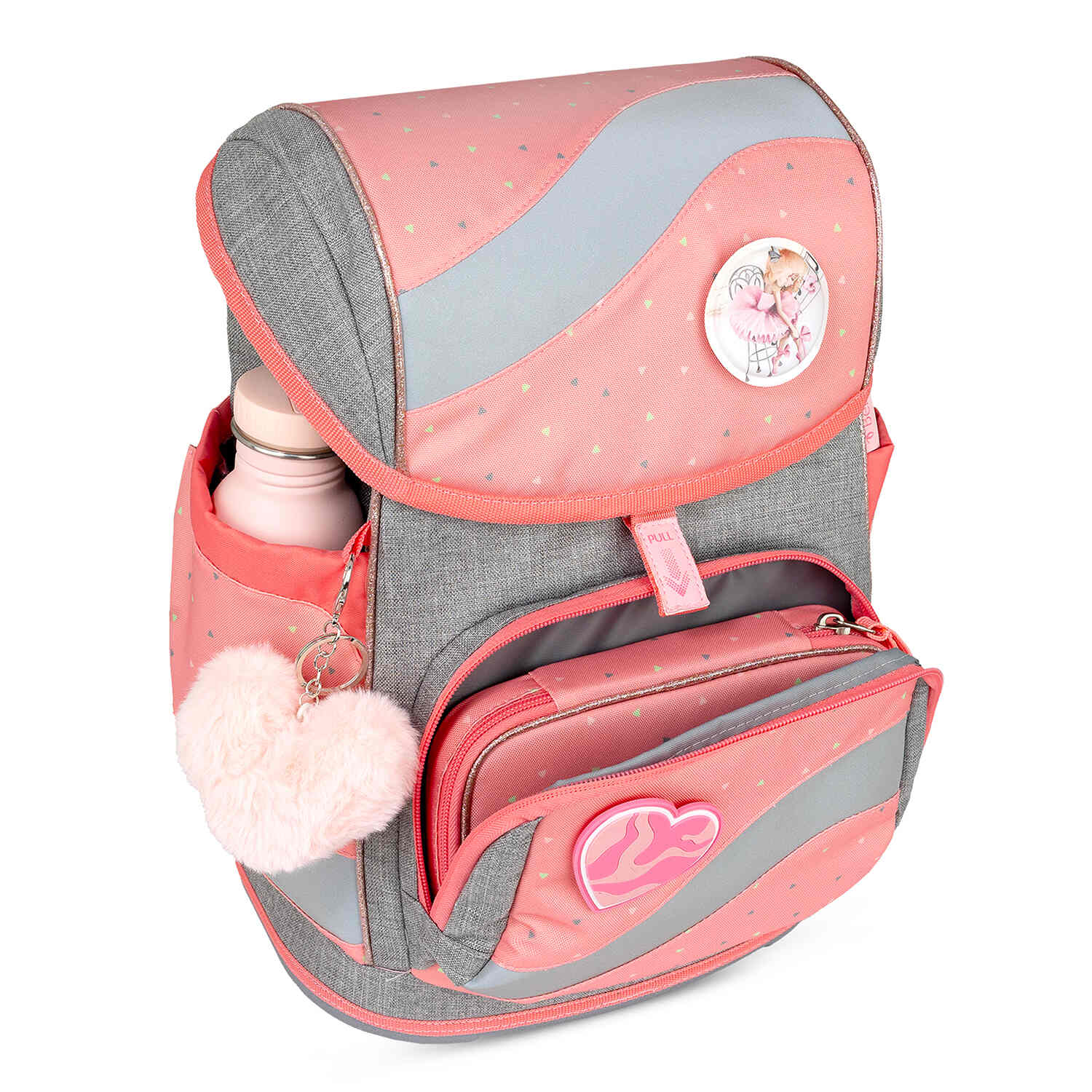 The matching drawstring bag from the Belmil Smarty Minimal Triangels Ergonomic School Bag Set – 5-Piece Set with 9 Interchangeable Patches and Hip Belt, styled in a pink design.