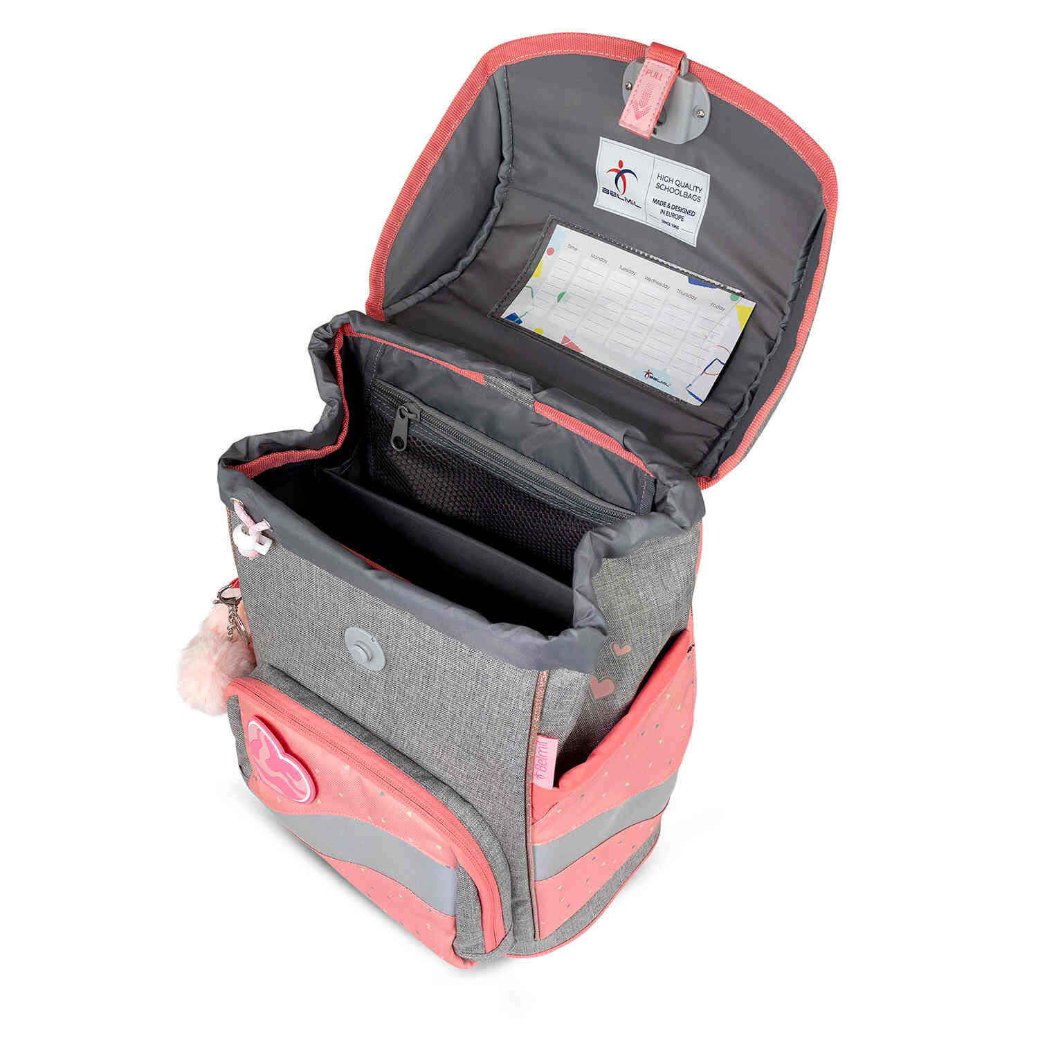 The Belmil Smarty Minimal Triangels Ergonomic School Bag Set – 5-Piece Set with 9 Interchangeable Patches and Hip Belt, including pastel colors and stylish design elements.