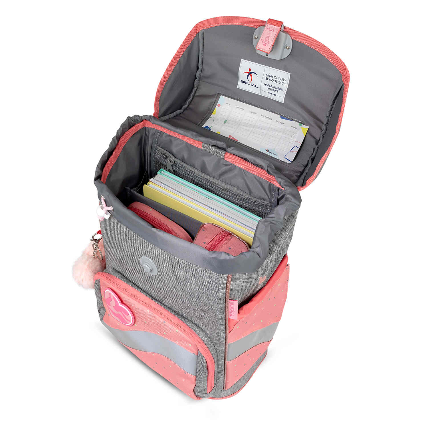 Back view of the Belmil Smarty Minimal Triangels Ergonomic School Bag Set – 5-Piece Set with 9 Interchangeable Patches and Hip Belt, highlighting its ergonomic structure.