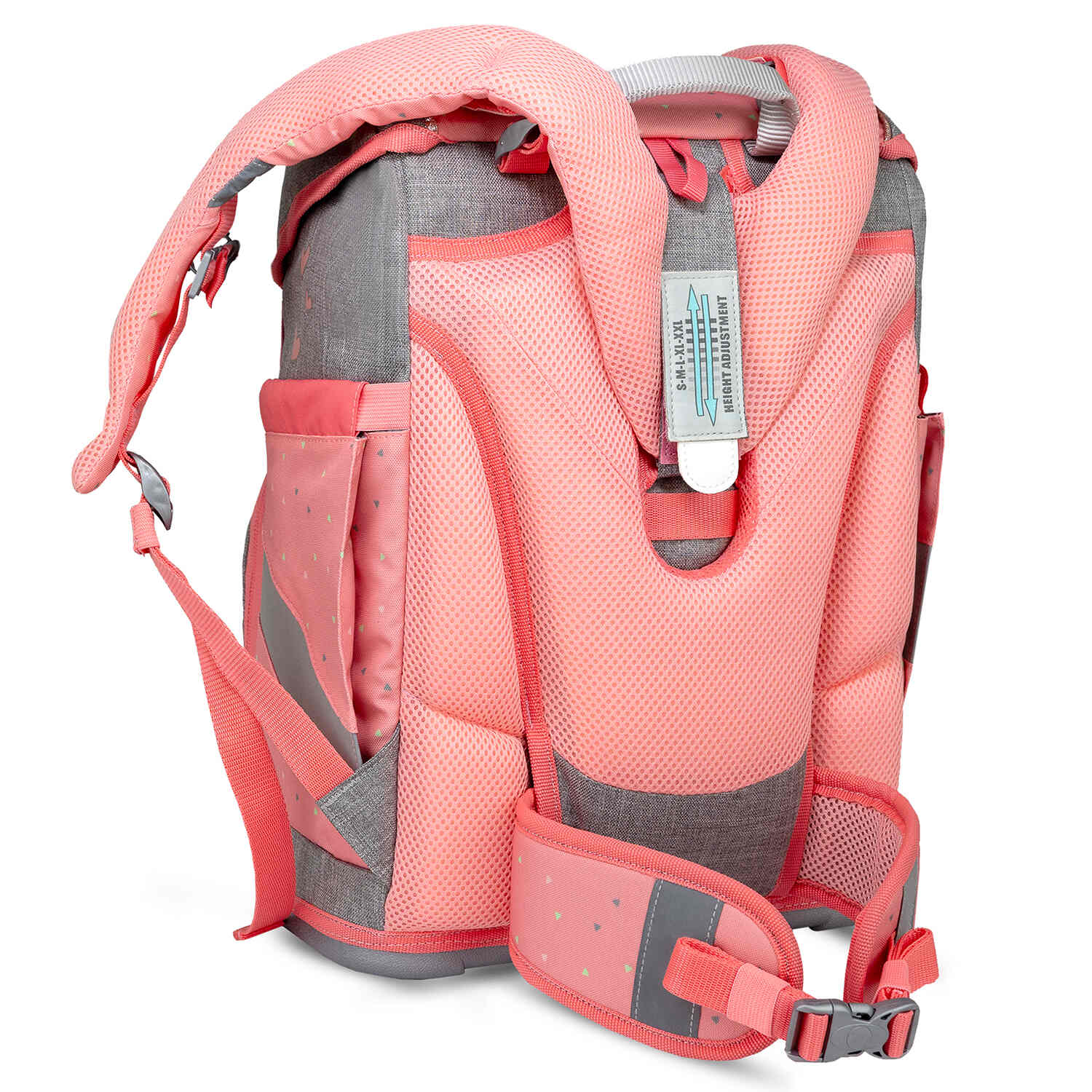 Open view of the Belmil Smarty Minimal Triangels Ergonomic School Bag Set – 5-Piece Set with 9 Interchangeable Patches and Hip Belt, showcasing storage options.