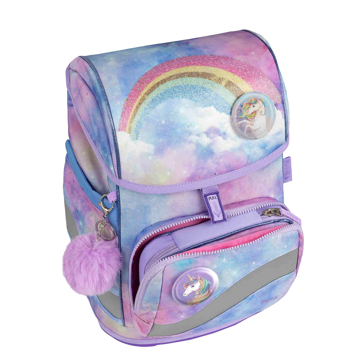 Child carrying the Premium Belmil School Bag Set for Girls – Smarty Plus Moonlight schoolbag set 6 pcs, showcasing its ergonomic design and comfort.