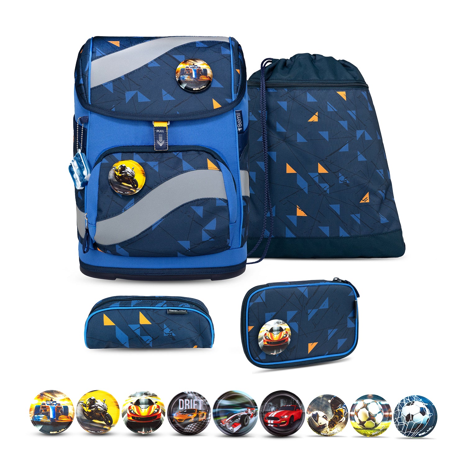 Belmil Smarty Energy3 Ergonomic School Bag Set – 5-Piece Set with 9 Interchangeable Patches and Hip Belt in sporty design with blue and orange colors.