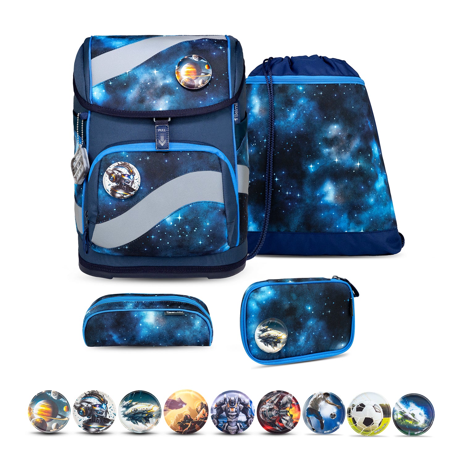 Belmil Smarty Galaxy Light Ergonomic School Bag in starry galaxy design for kids, promoting healthy posture and ergonomic support.