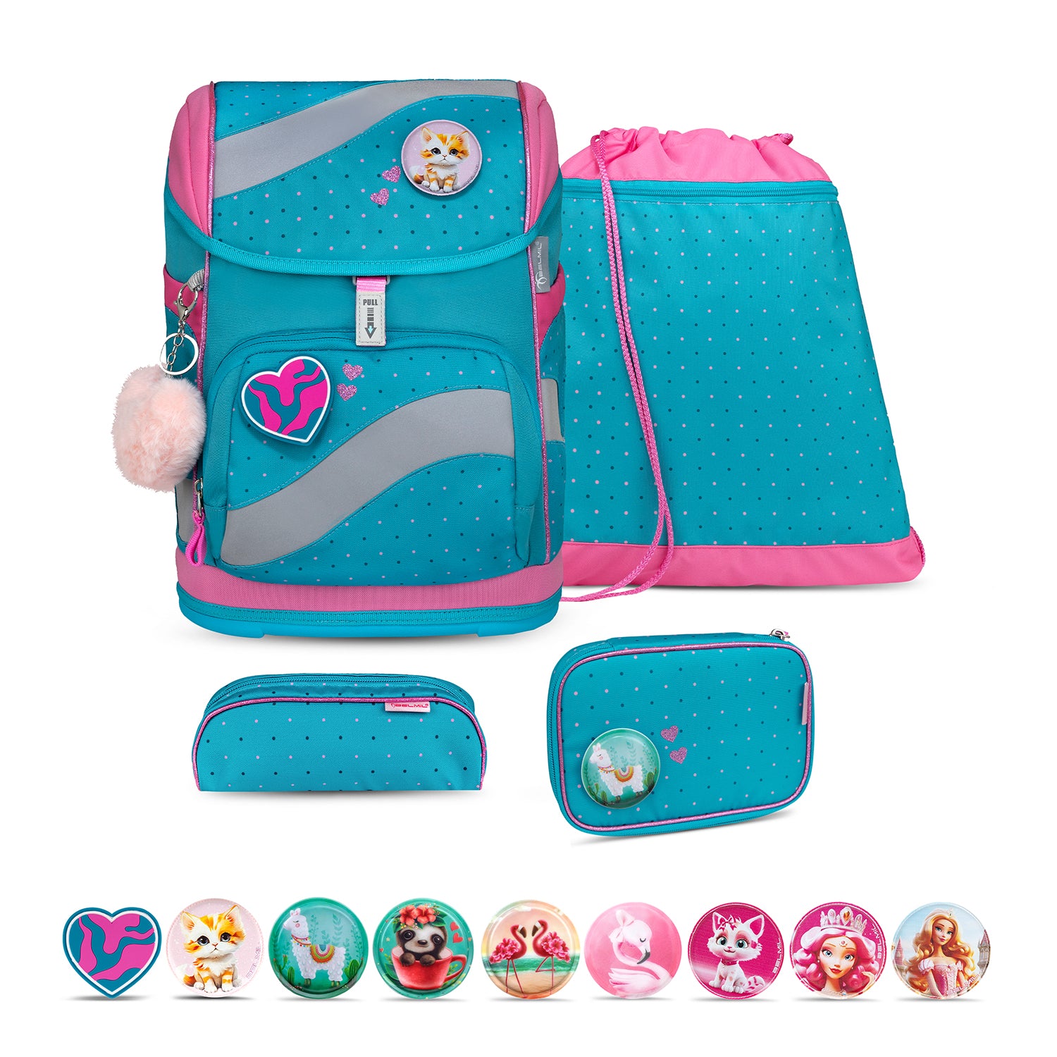 Belmil Smarty Hearts and Dots Ergonomic School Bag Set – 5-Piece Set with 9 Interchangeable Patches and Hip Belt showing the ergonomic design for healthy back support.