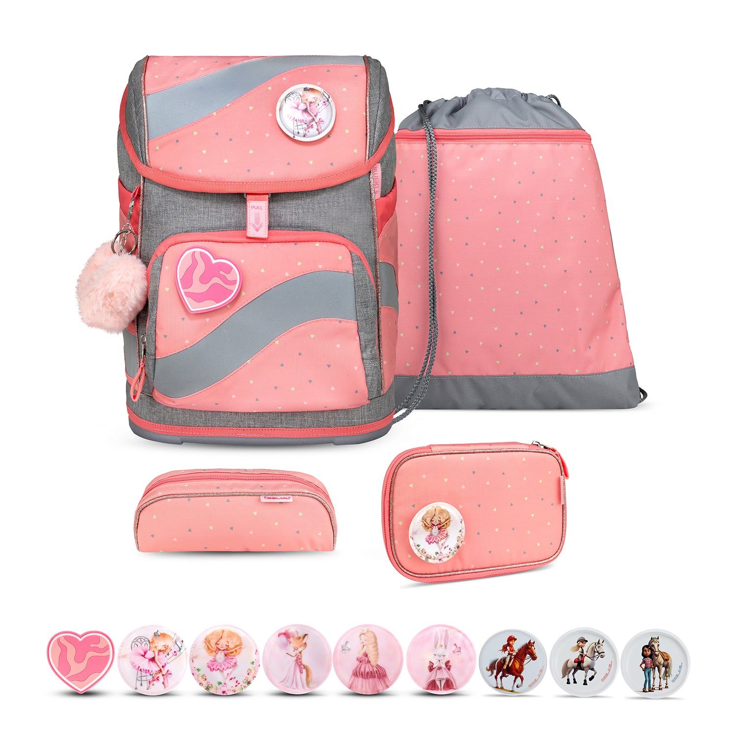 Belmil Smarty Minimal Triangels Ergonomic School Bag Set – 5-Piece Set with 9 Interchangeable Patches and Hip Belt displayed with vibrant pink and gray design features, including interchangeable patches and accessories.