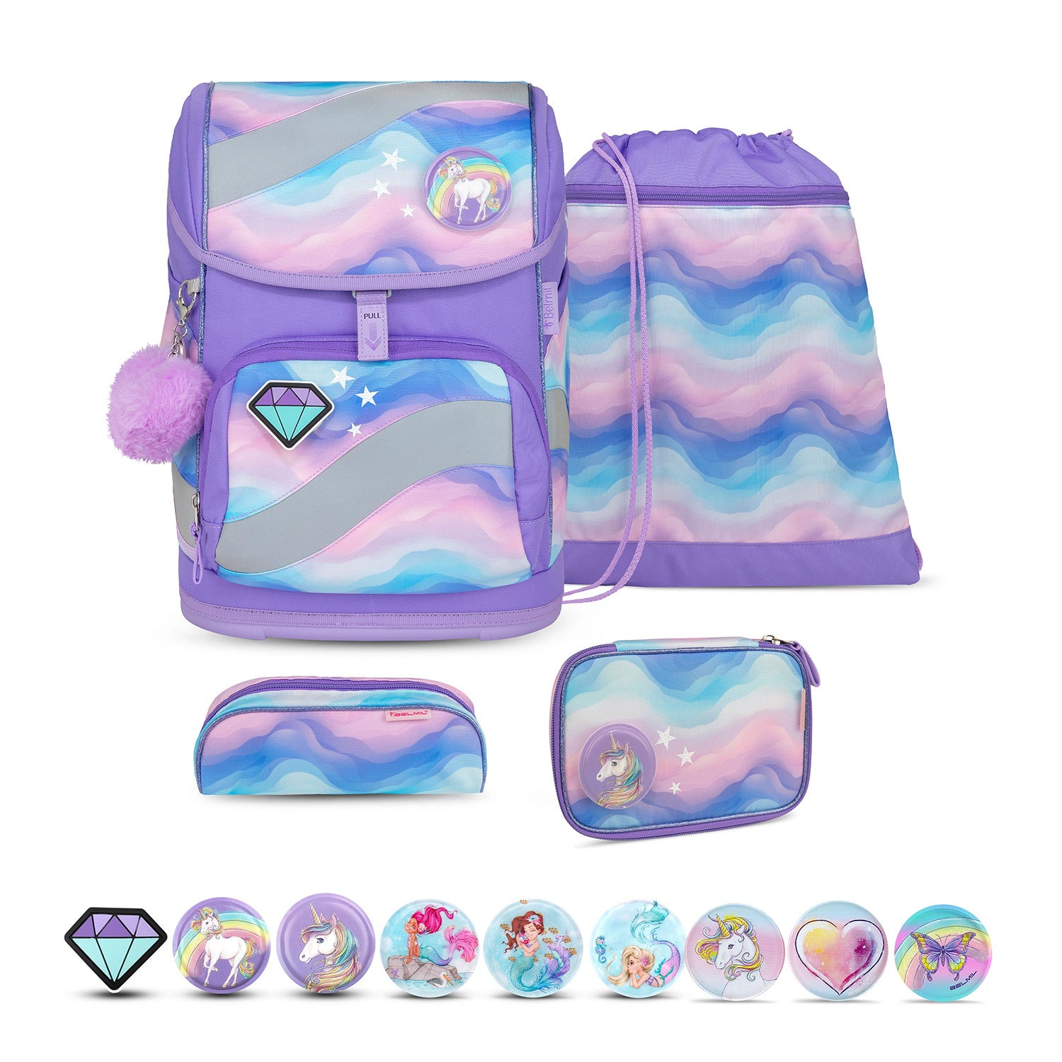 Belmil Smarty Rainbow Land Ergonomic School Bag Set – 5-Piece Set with 9 Interchangeable Patches and Hip Belt showcasing vibrant colors and ergonomic design.