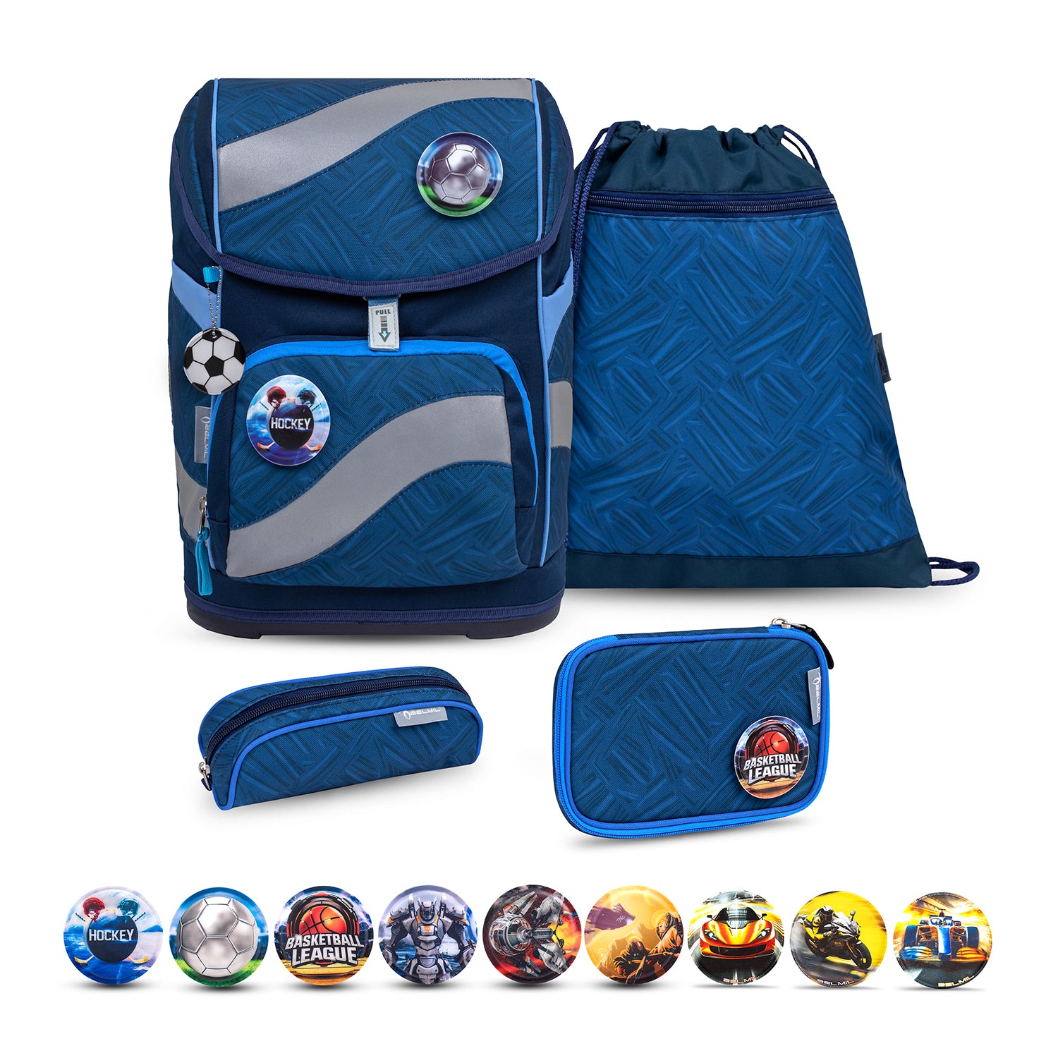 Front view of the Belmil Smarty Blue Motion Ergonomic School Bag Set – 5-Piece Set with 9 Interchangeable Patches and Hip Belt, showcasing the ergonomic design and vibrant colors.