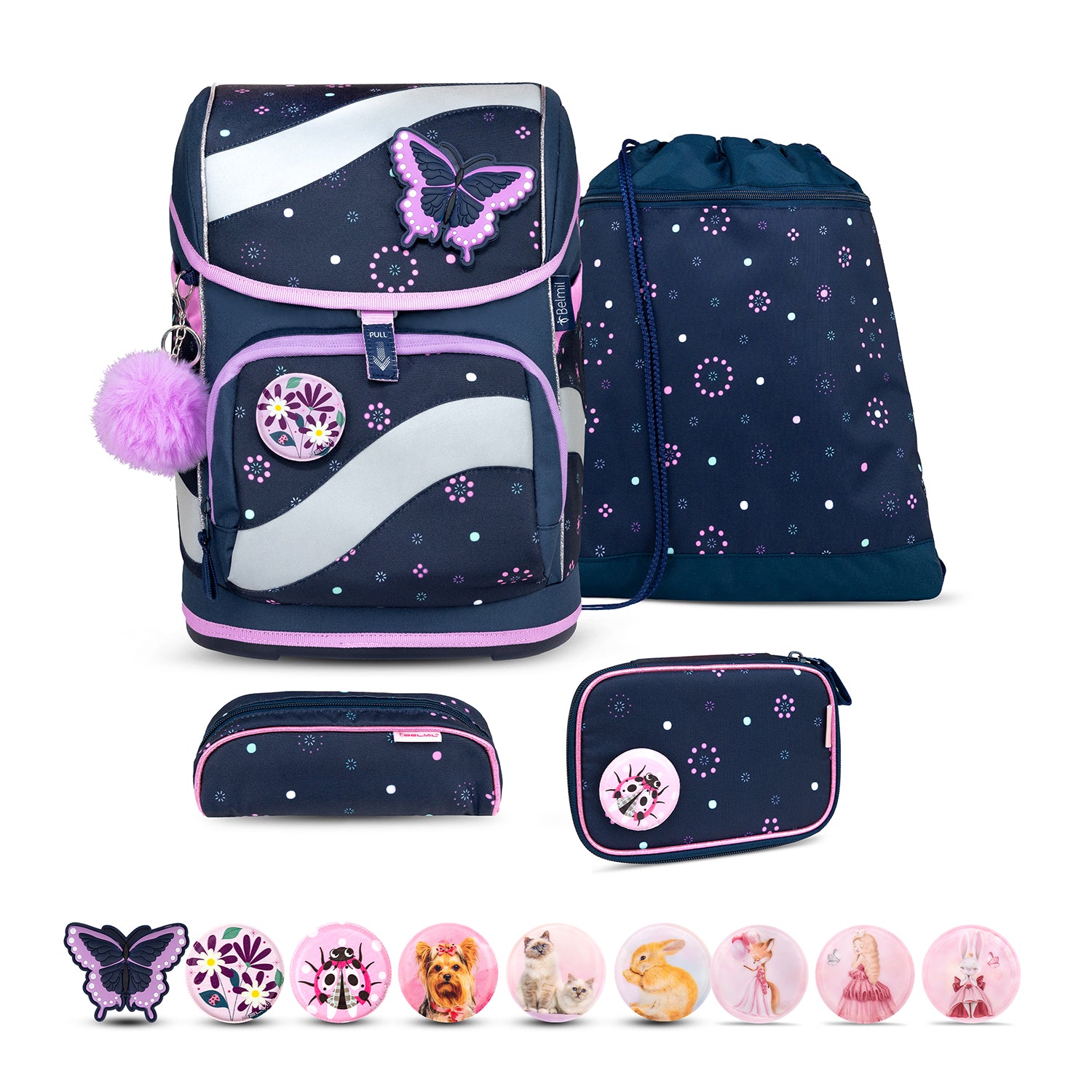 Belmil Smarty Flowers Blue Ergonomic School Bag Set for Girls – 5-Piece Set with 9 Patches and Hip Belt showcasing the cute flower design.