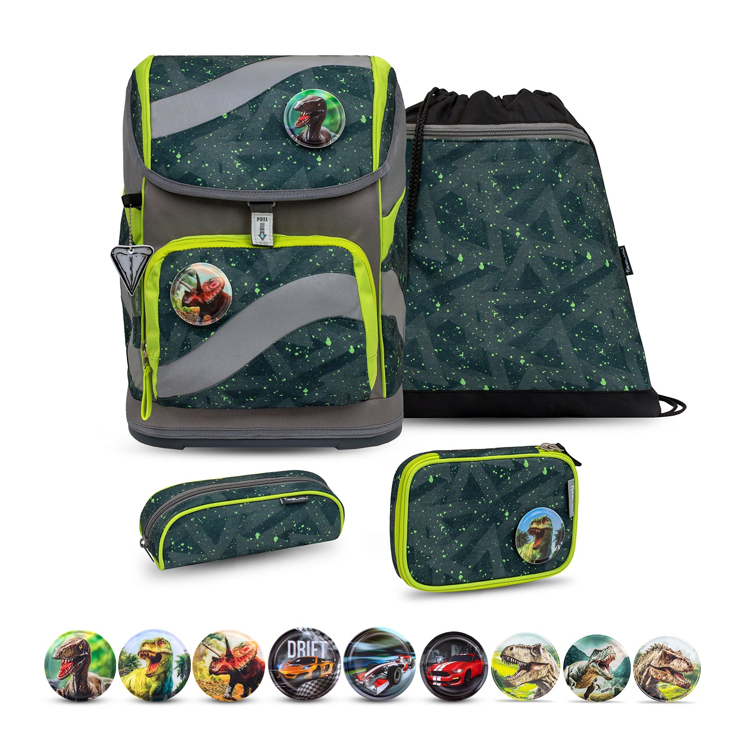 Stylish Belmil Smarty Green Splash Ergonomic School Bag Set – 5-Piece Set with 9 Interchangeable Patches and Hip Belt for kids.